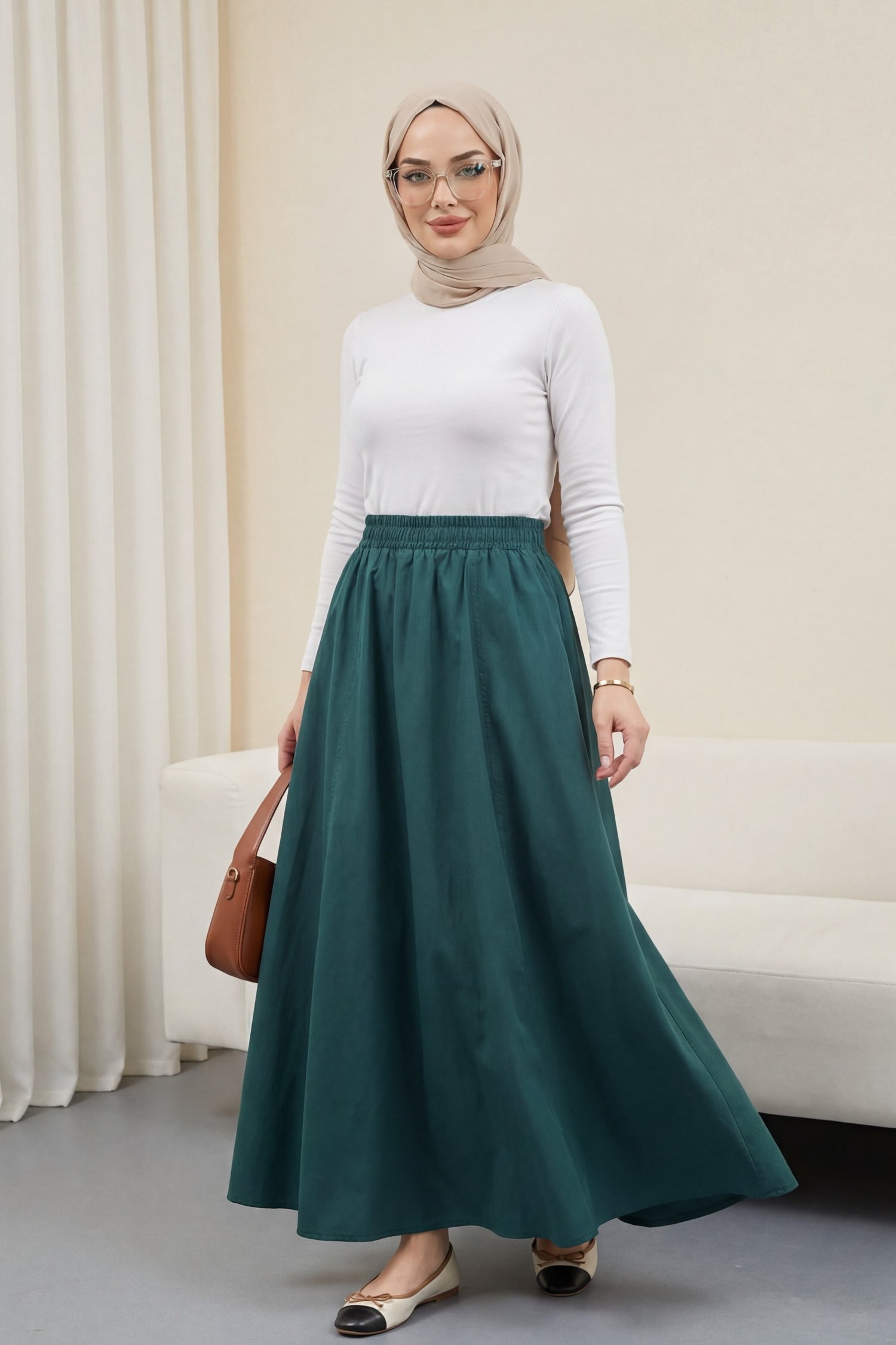 Beli Lastikli Çift Cepli Poplin Kloş Etek           -Zümrüt yeşili