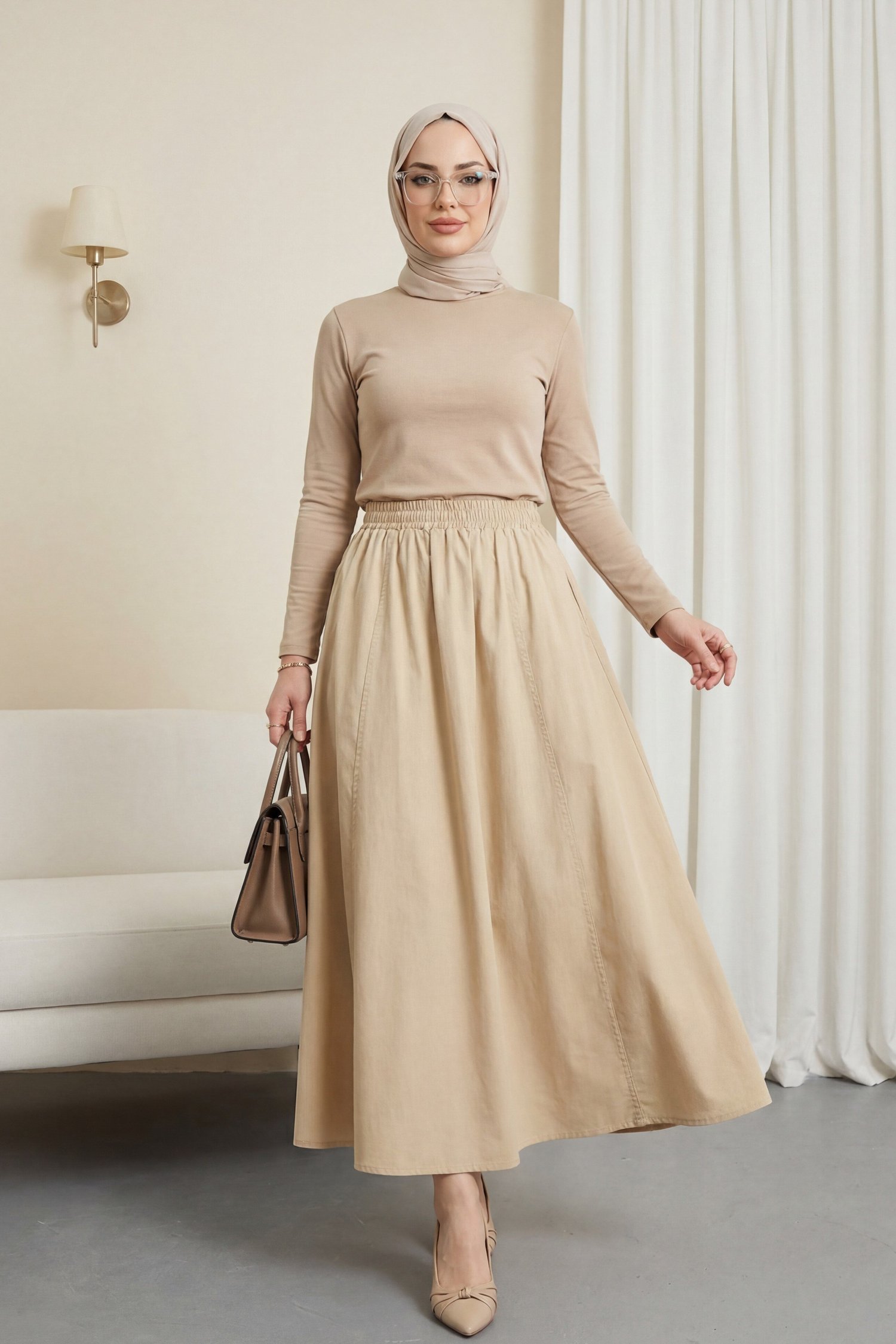 Beli Lastikli Çift Cepli Poplin Kloş Etek        -Sarı