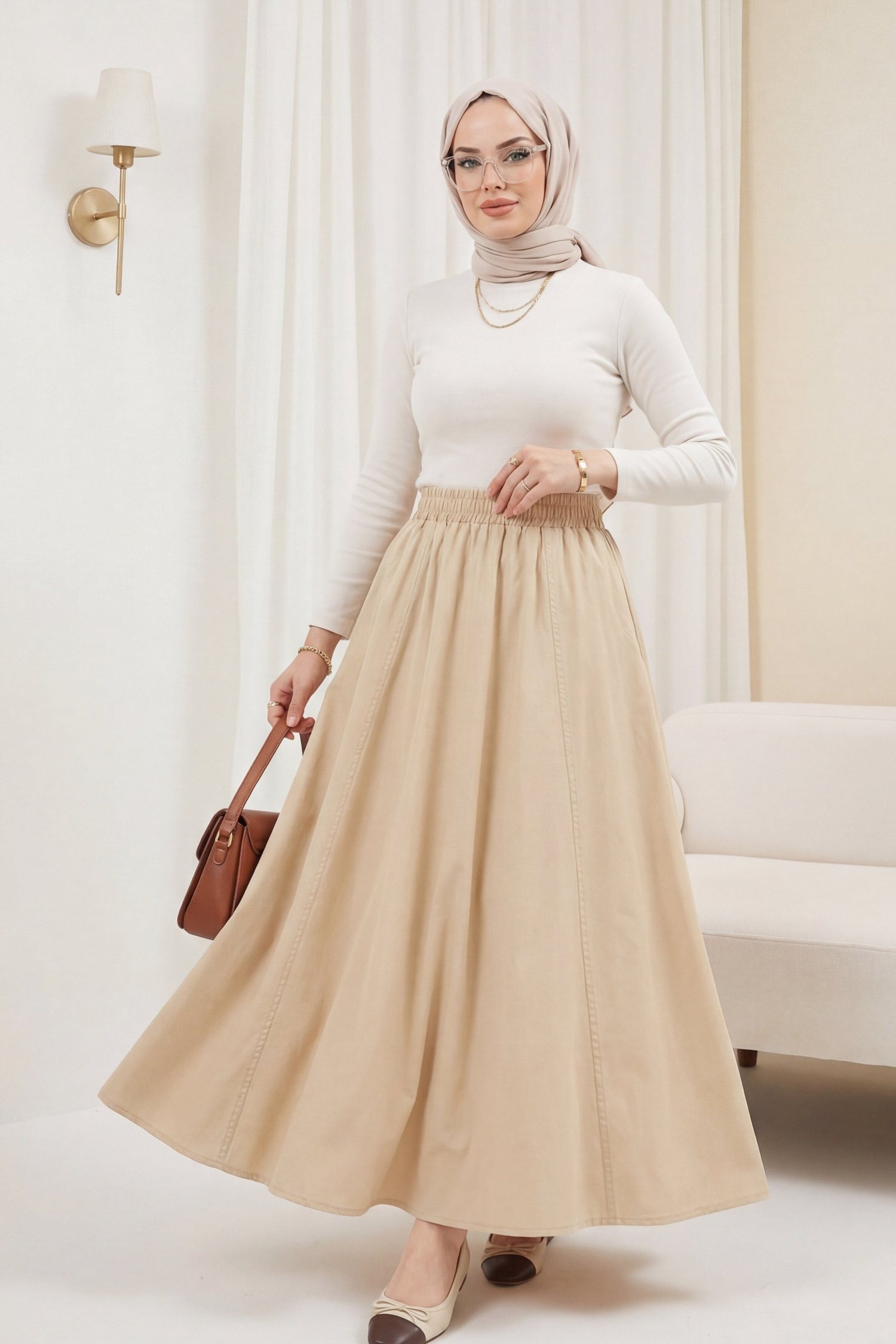 Beli Lastikli Çift Cepli Poplin Kloş Etek        -Sarı