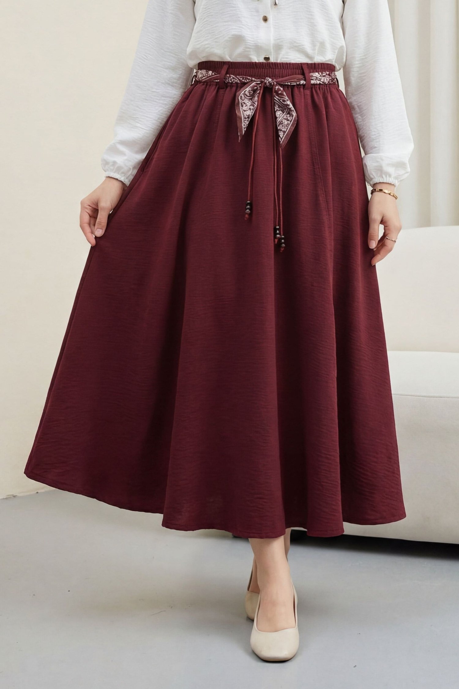 Beli Lastikli Kemerli Cepli Keten Görünümlü Etek -Bordo