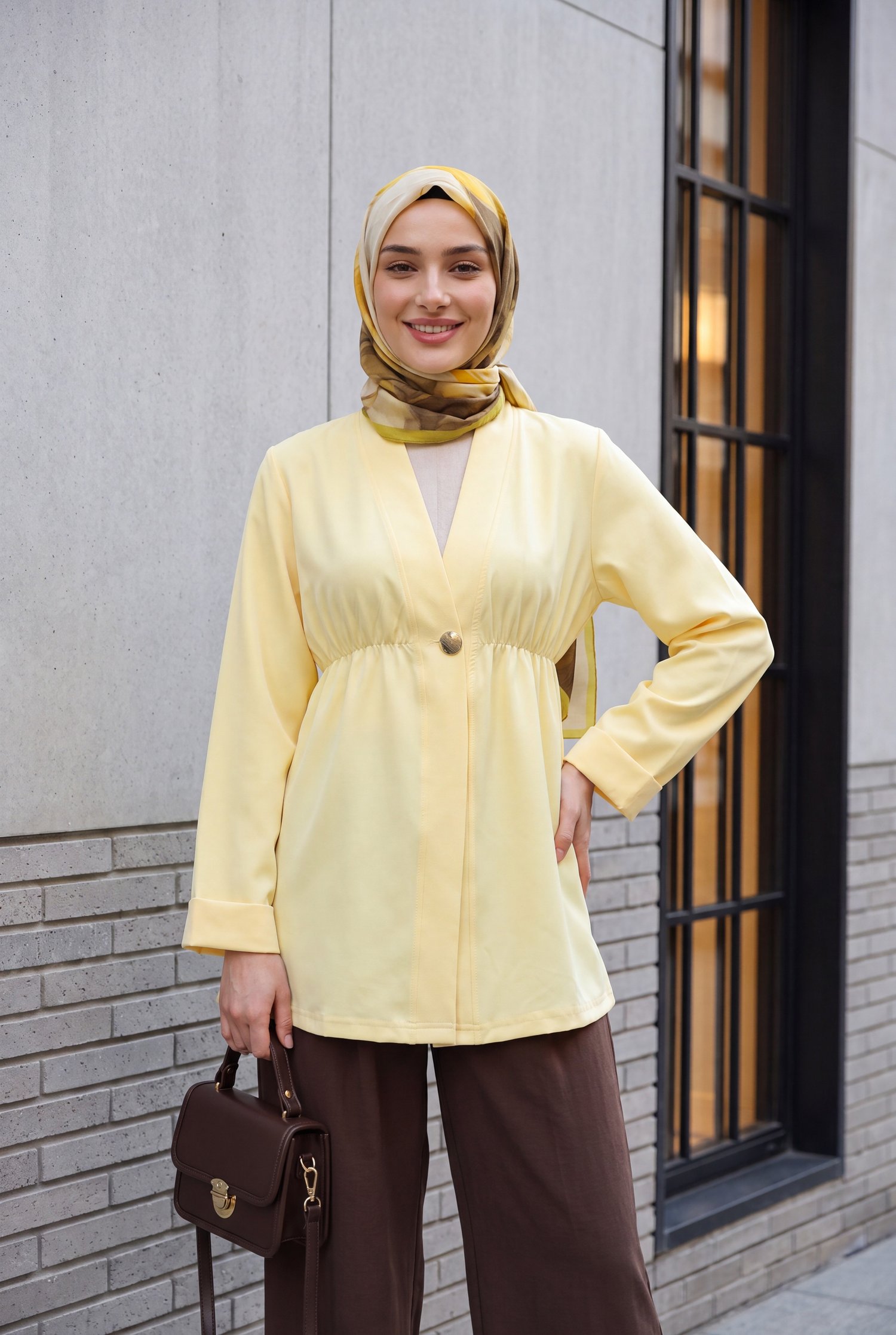 Beli Lastikli Kolu Katlamalı Tek Düğmeli Krep Kimono -Sarı