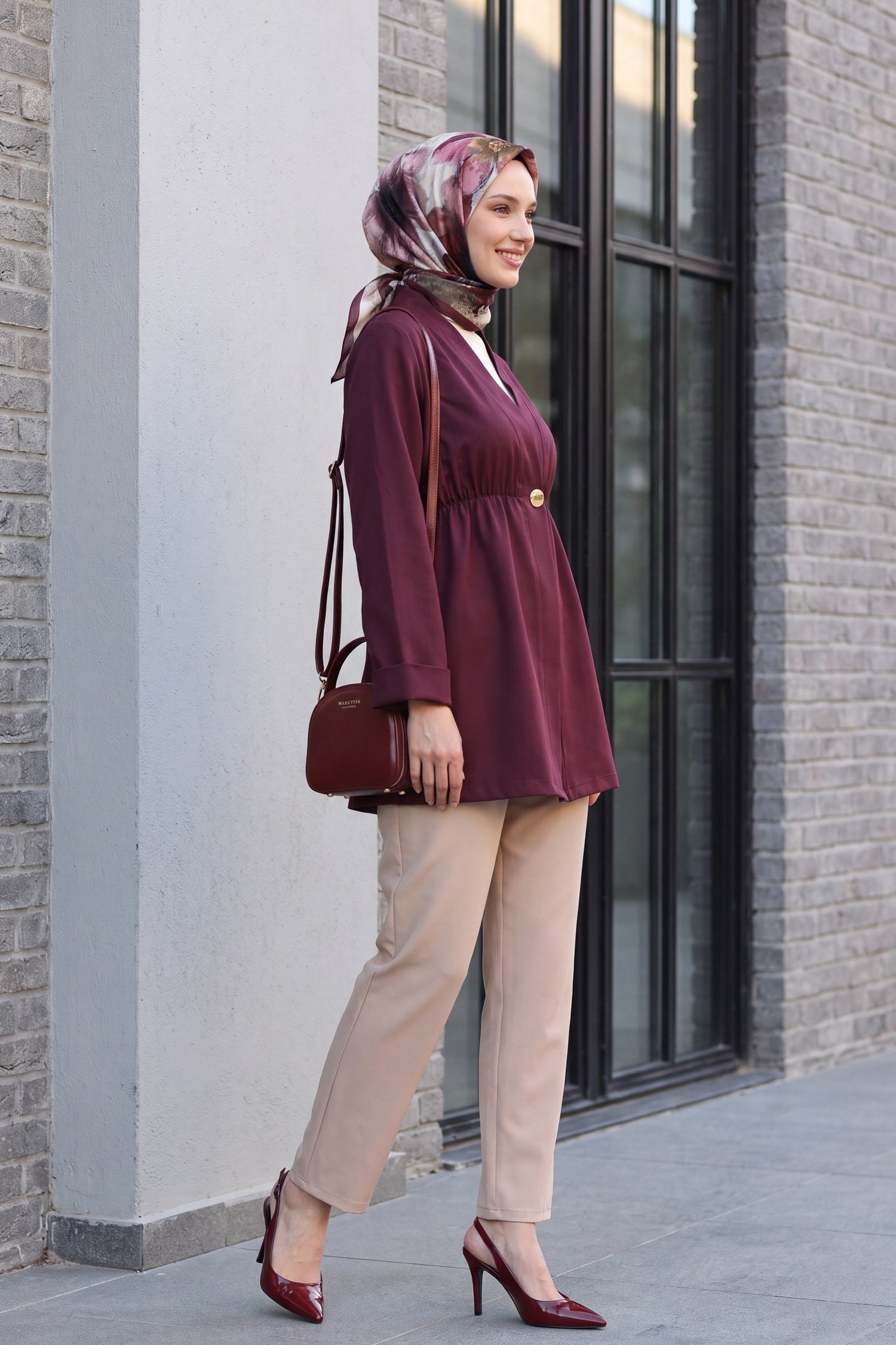 Beli Lastikli Kolu Katlamalı Tek Düğmeli Krep Kimono -Mürdüm
