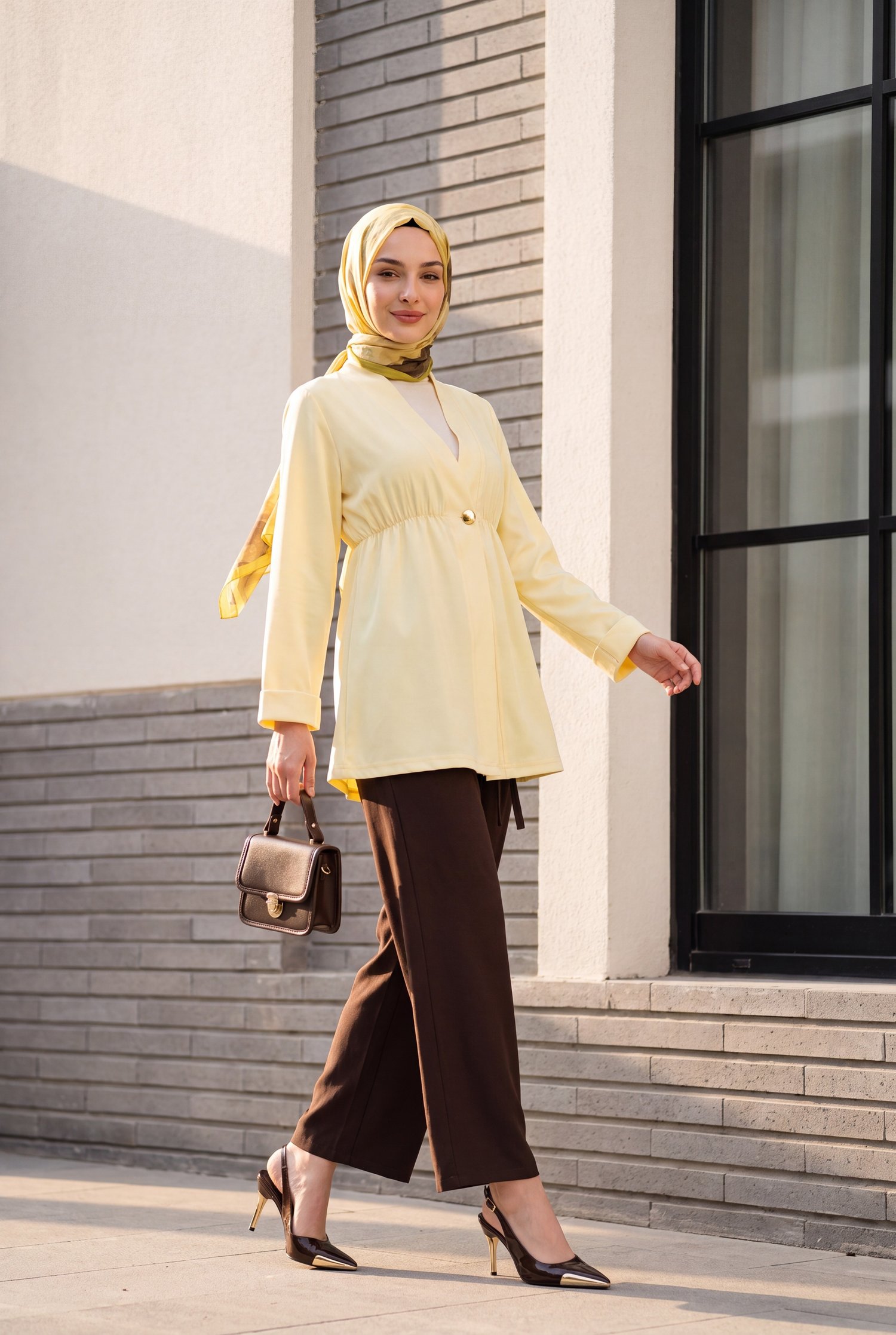 Beli Lastikli Kolu Katlamalı Tek Düğmeli Krep Kimono -Sarı