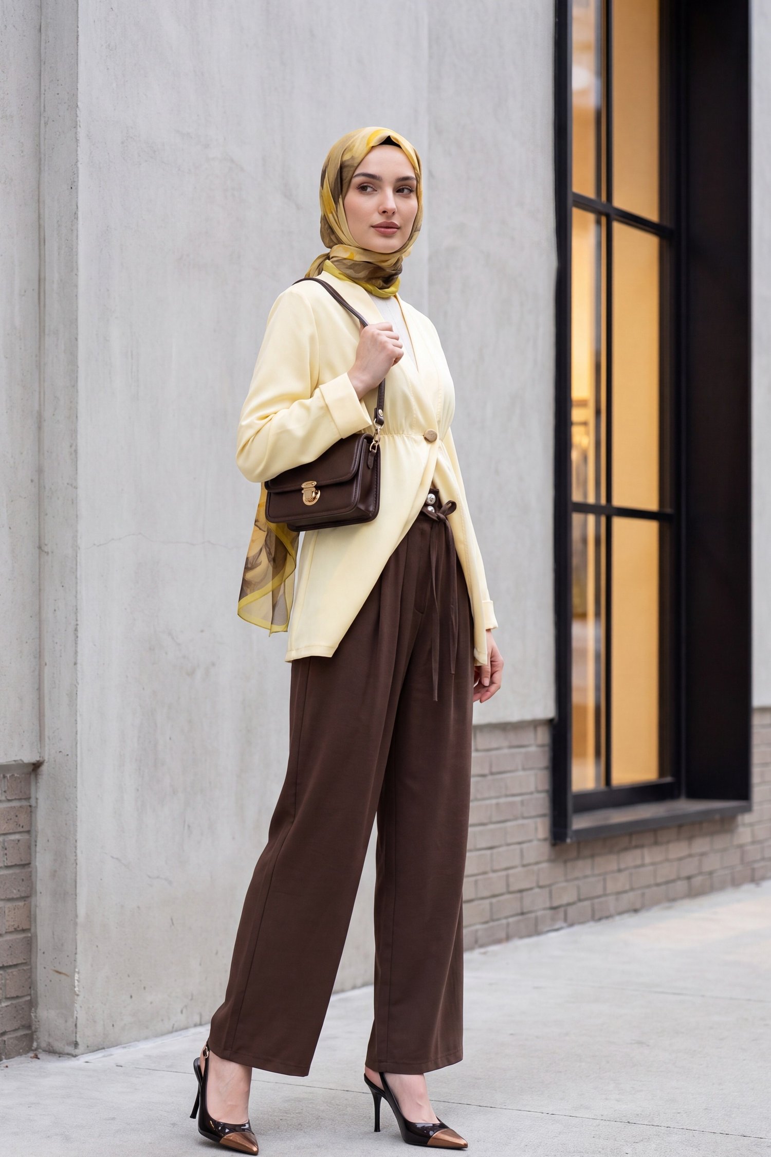 Beli Lastikli Kolu Katlamalı Tek Düğmeli Krep Kimono -Sarı