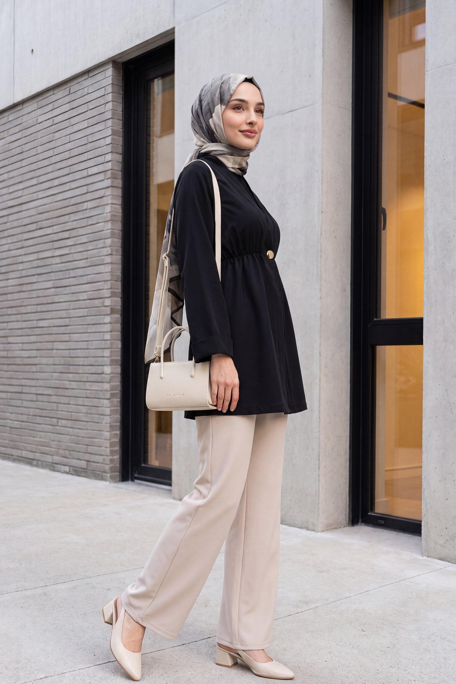 Beli Lastikli Kolu Katlamalı Tek Düğmeli Krep Kimono -Siyah