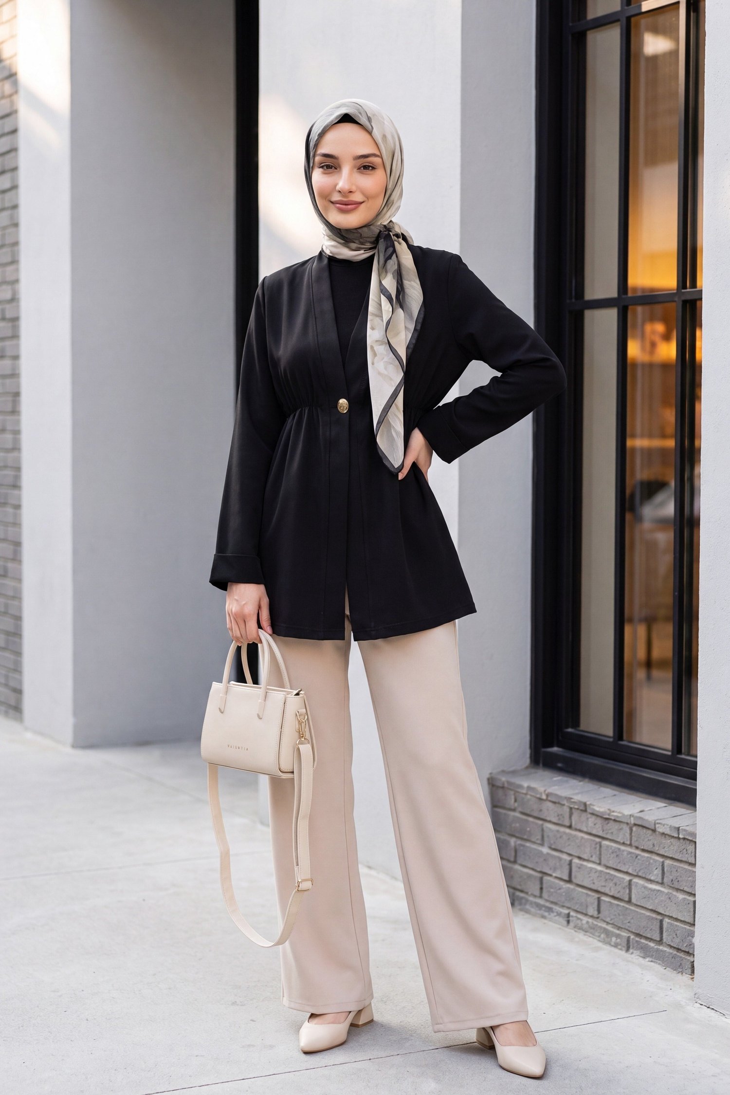 Beli Lastikli Kolu Katlamalı Tek Düğmeli Krep Kimono -Siyah