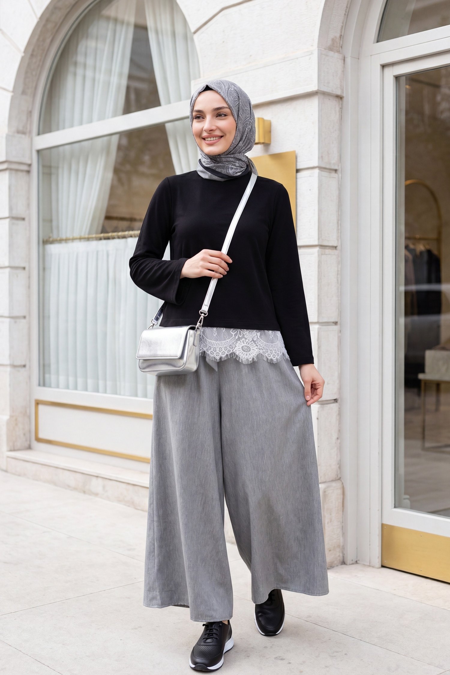 Beli Lastikli Kuşaklı Cepli Keten Görünümlü Etek Pantolon -Gri