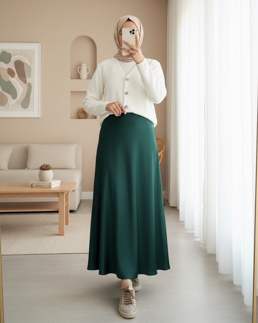 Beli Lastikli Saten Etek -Zümrüt