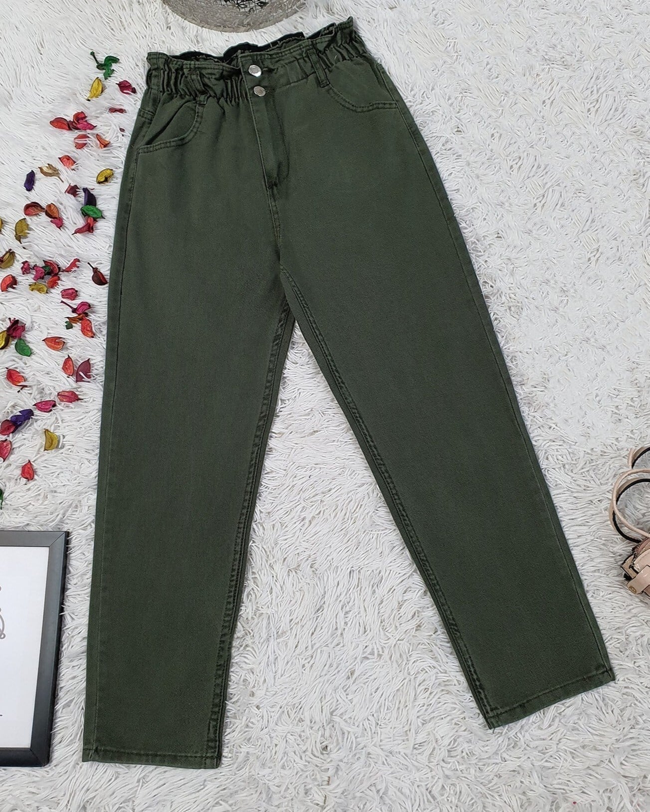 Beli Lastikli Yüksek Bel Kot Pantolon    -Kamuflaj