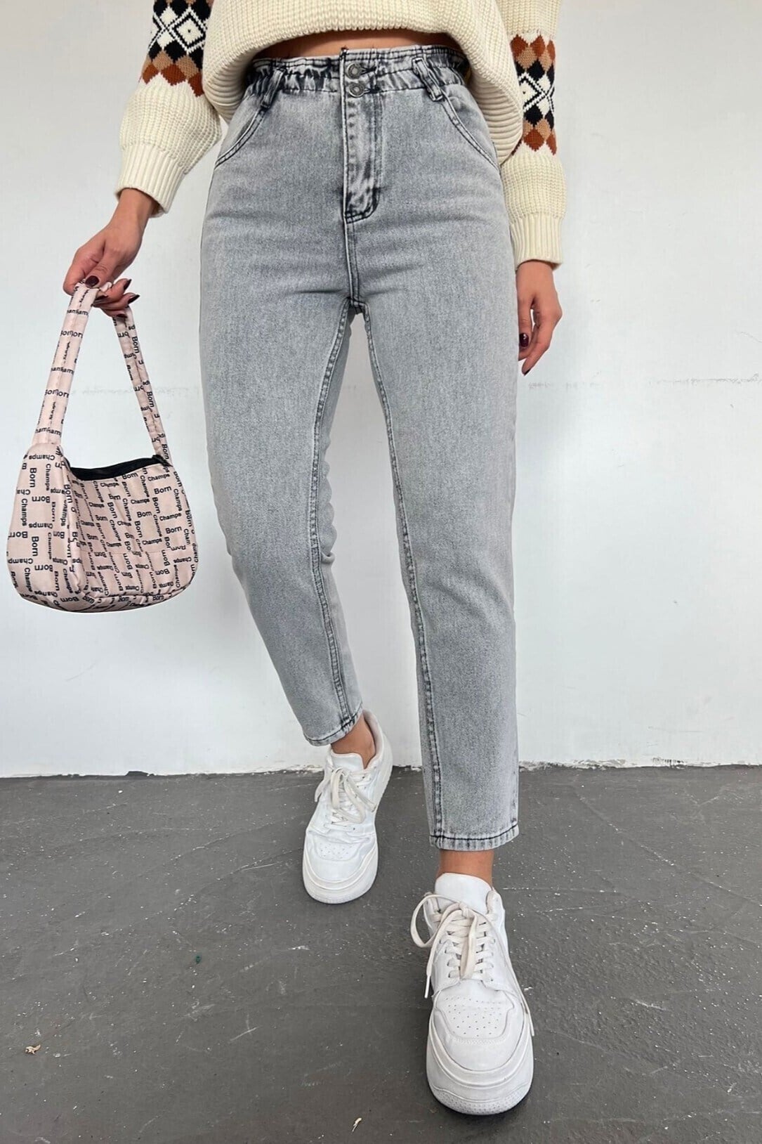 Beli Lastikli Yüksek Bel Kot Pantolon -Füme