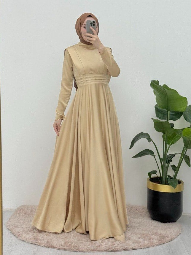Beli Plise Detaylı Önü Çift Kat Saten Abiye  -Sarı