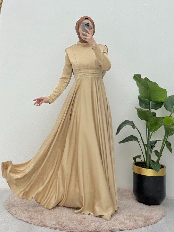 Beli Plise Detaylı Önü Çift Kat Saten Abiye  -Sarı
