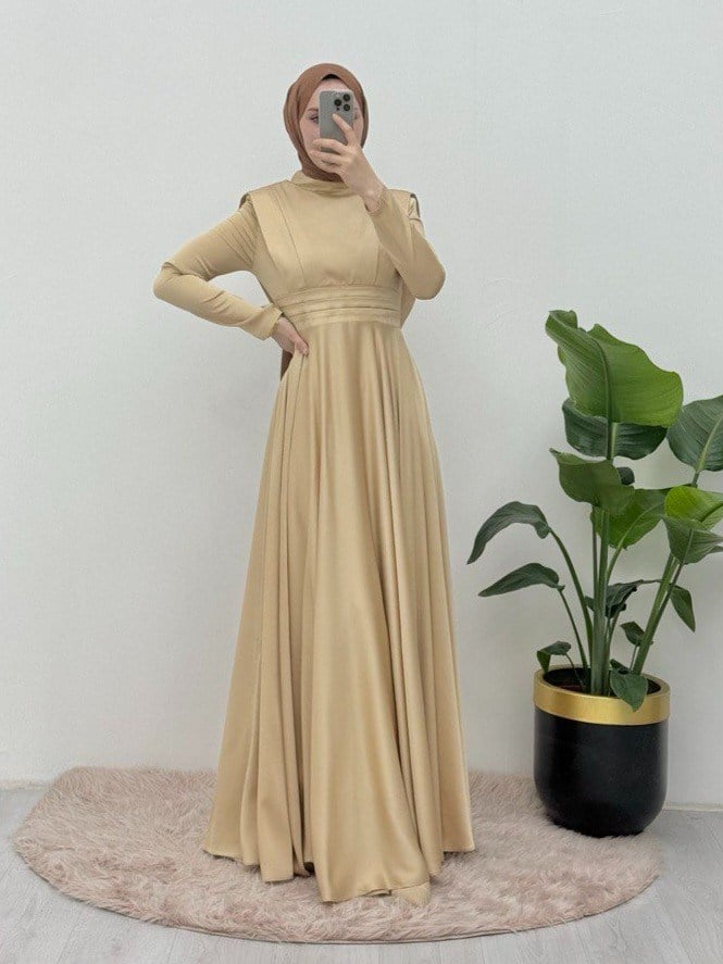 Beli Plise Detaylı Önü Çift Kat Saten Abiye  -Sarı