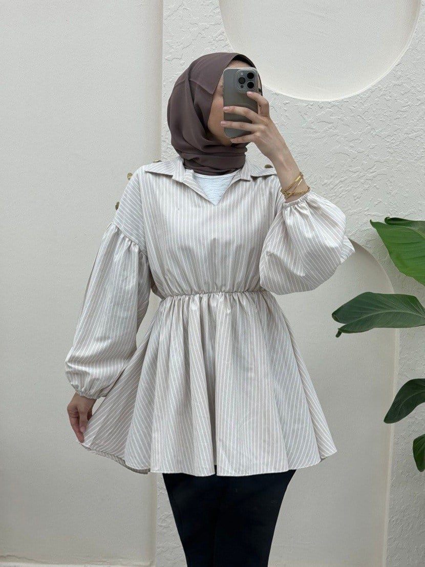 Beli Ve Kolu Lastikli V Yaka Çizgili Tunik   -Bej