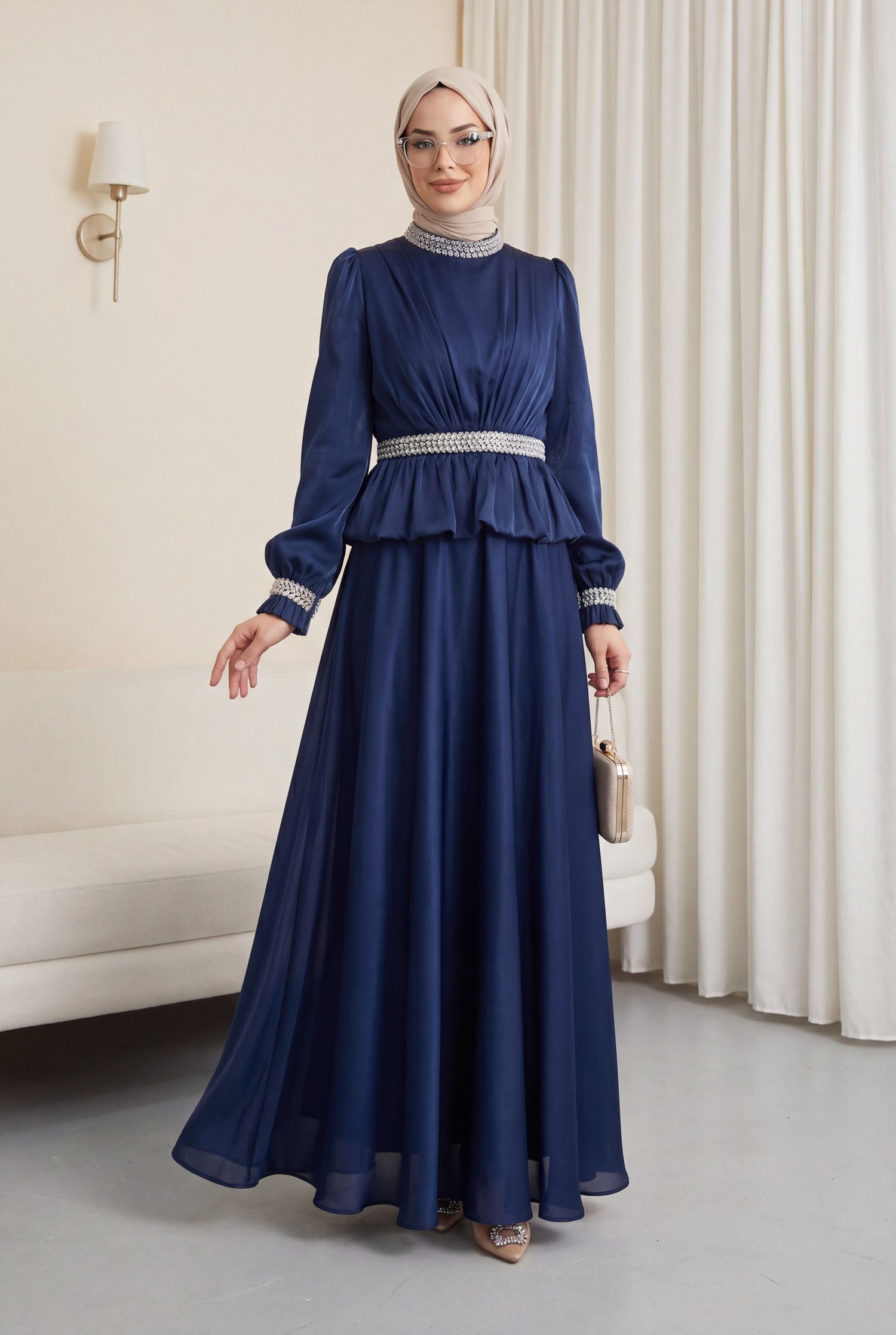 Beli Volan Detaylı Taşlı Janjan Saten Abiye -Laci