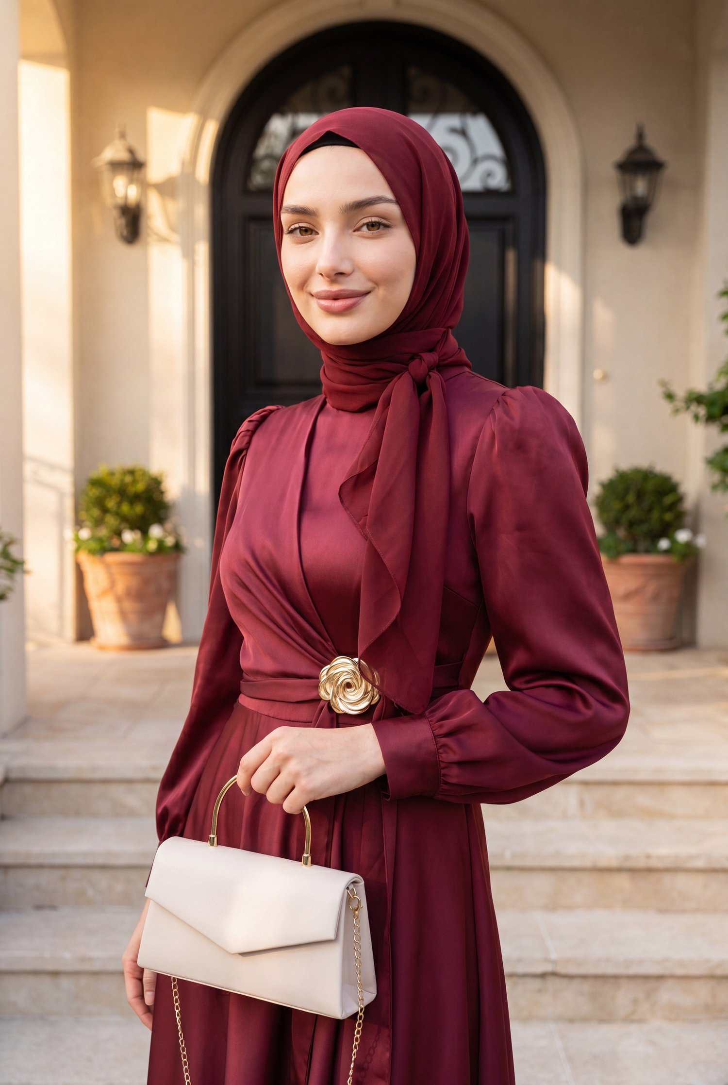Beli Yandan Bağcıklı Tokalı Saten Abiye  -Bordo