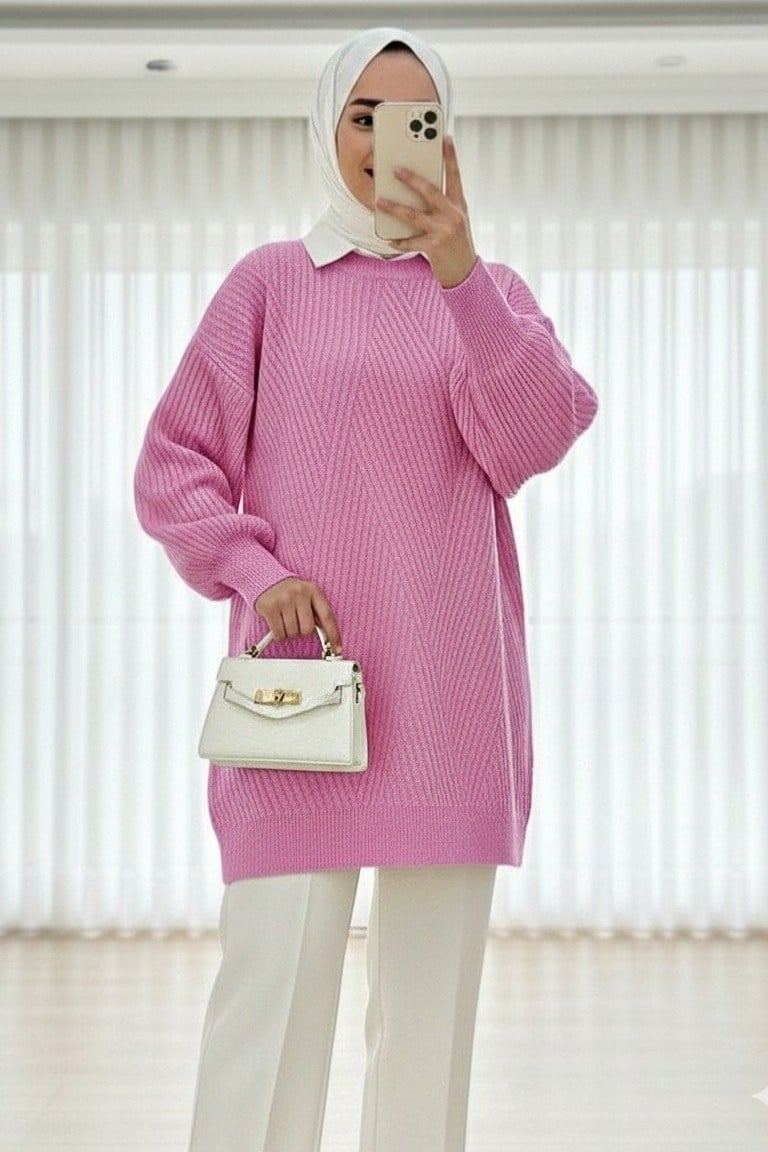 Bisiklet Yaka Baklava Desen Triko Kazak          -Pembe