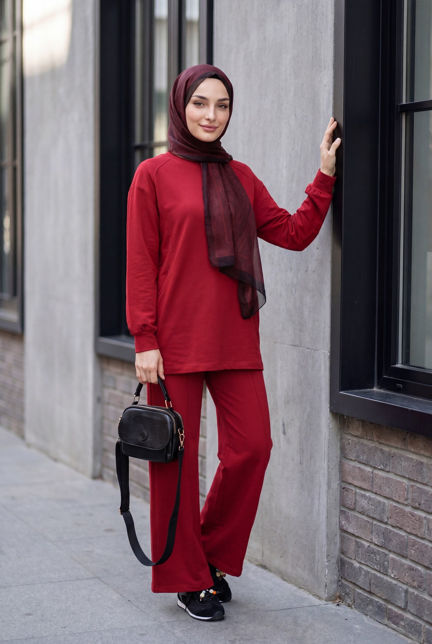 Bisiklet Yaka Oversize Cepli Pantolonlu Penye Takım -Bordo