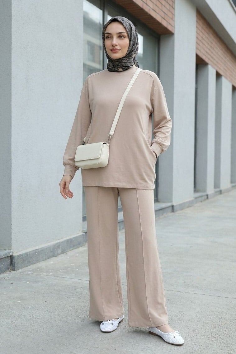 Bisiklet Yaka Oversize Cepli Pantolonlu Penye Takım -Açık Vizon