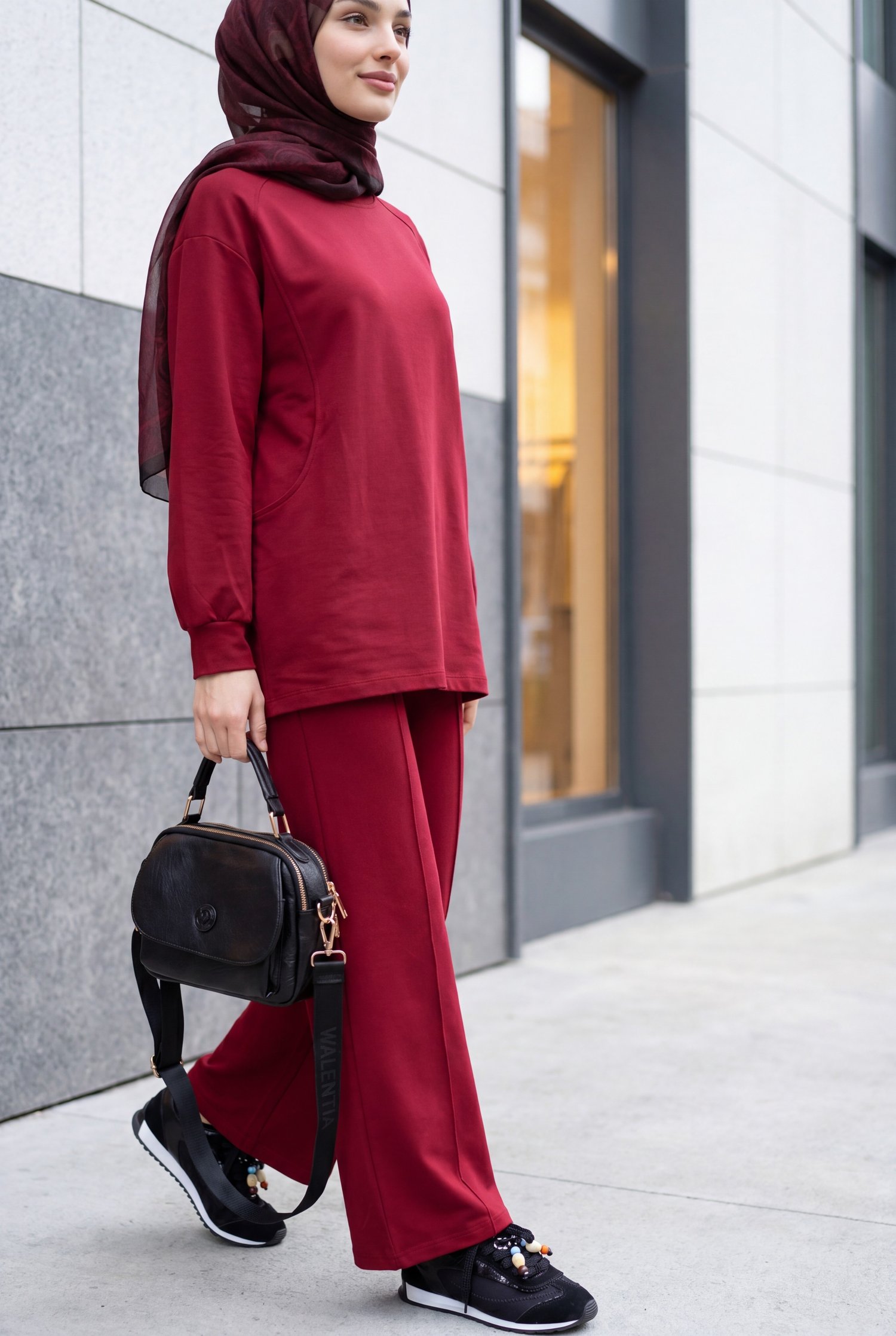 Bisiklet Yaka Oversize Cepli Pantolonlu Penye Takım -Bordo