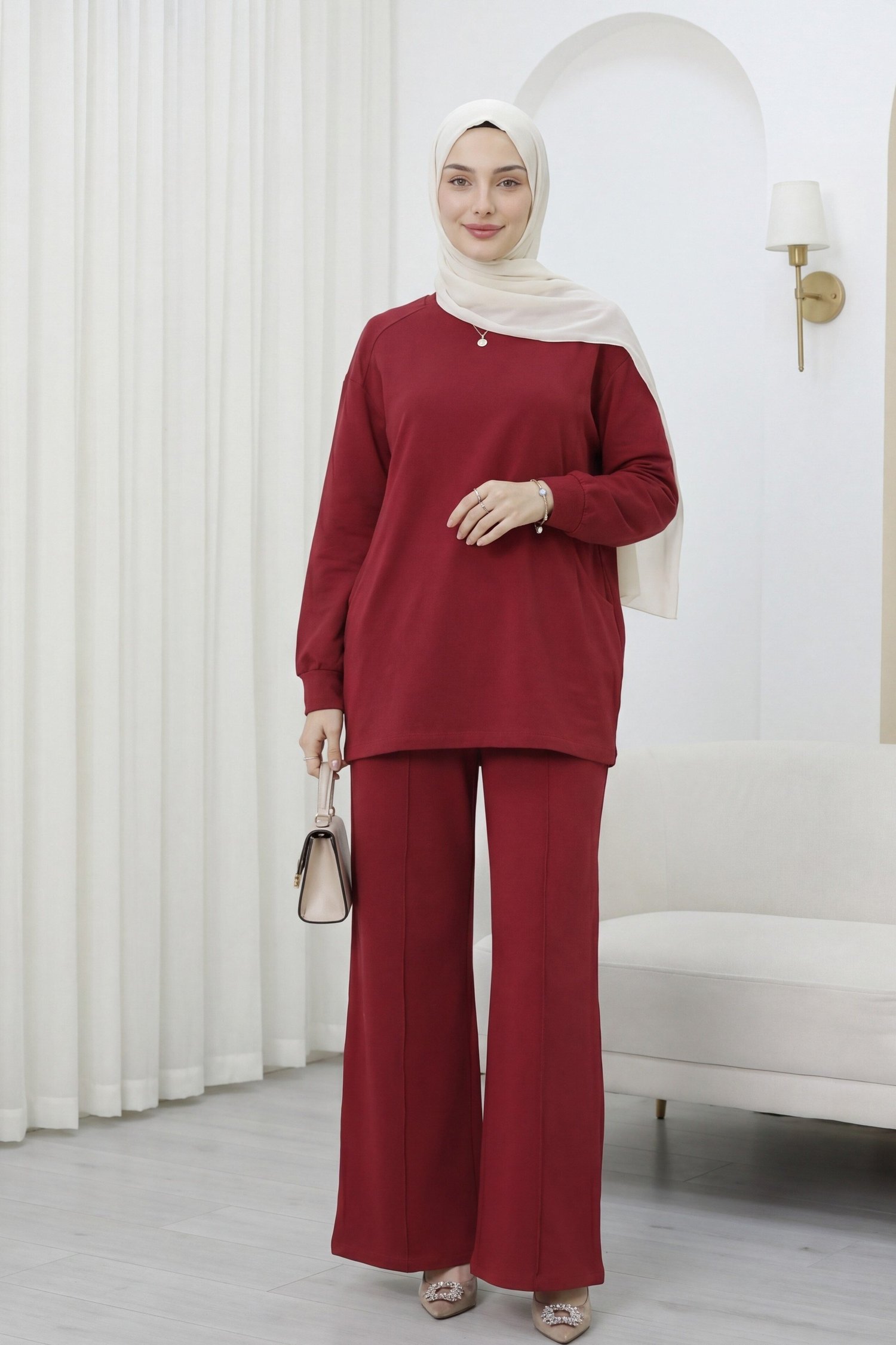 Bisiklet Yaka Oversize Cepli Pantolonlu Penye Takım -Bordo