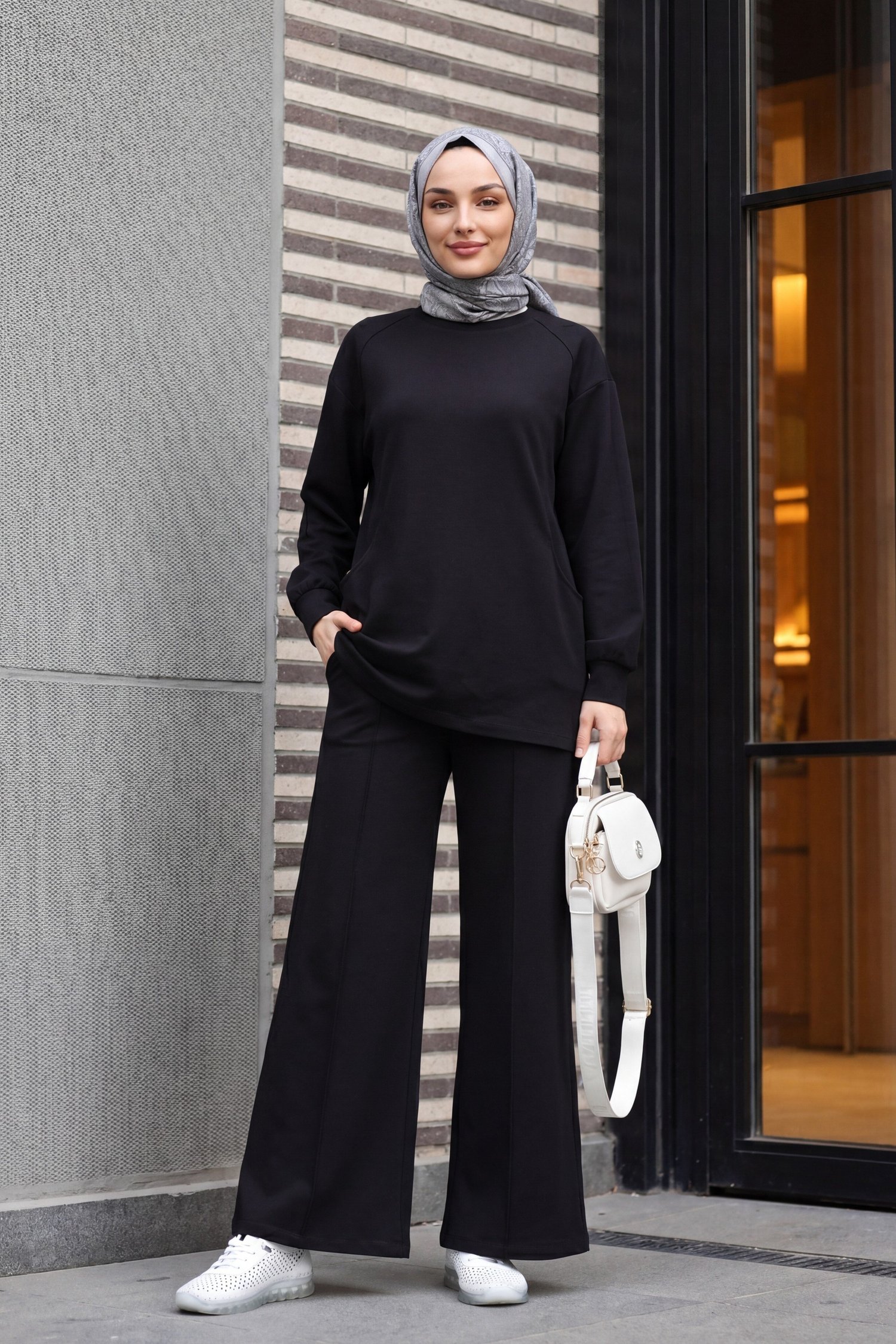 Bisiklet Yaka Oversize Cepli Pantolonlu Penye Takım -Siyah