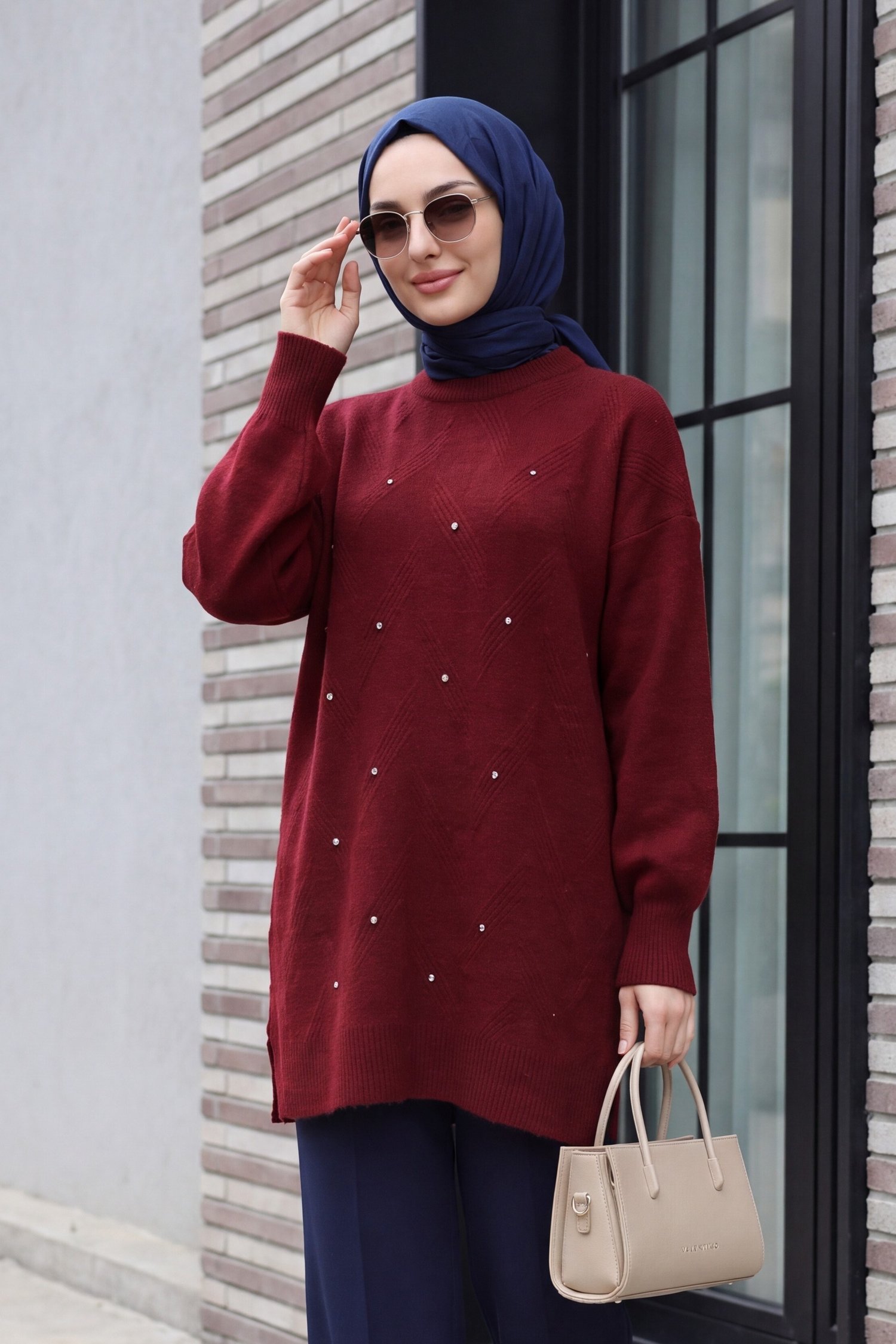Bisiklet Yaka Taşlı Balon Kol Salaş Triko Tunik -Bordo