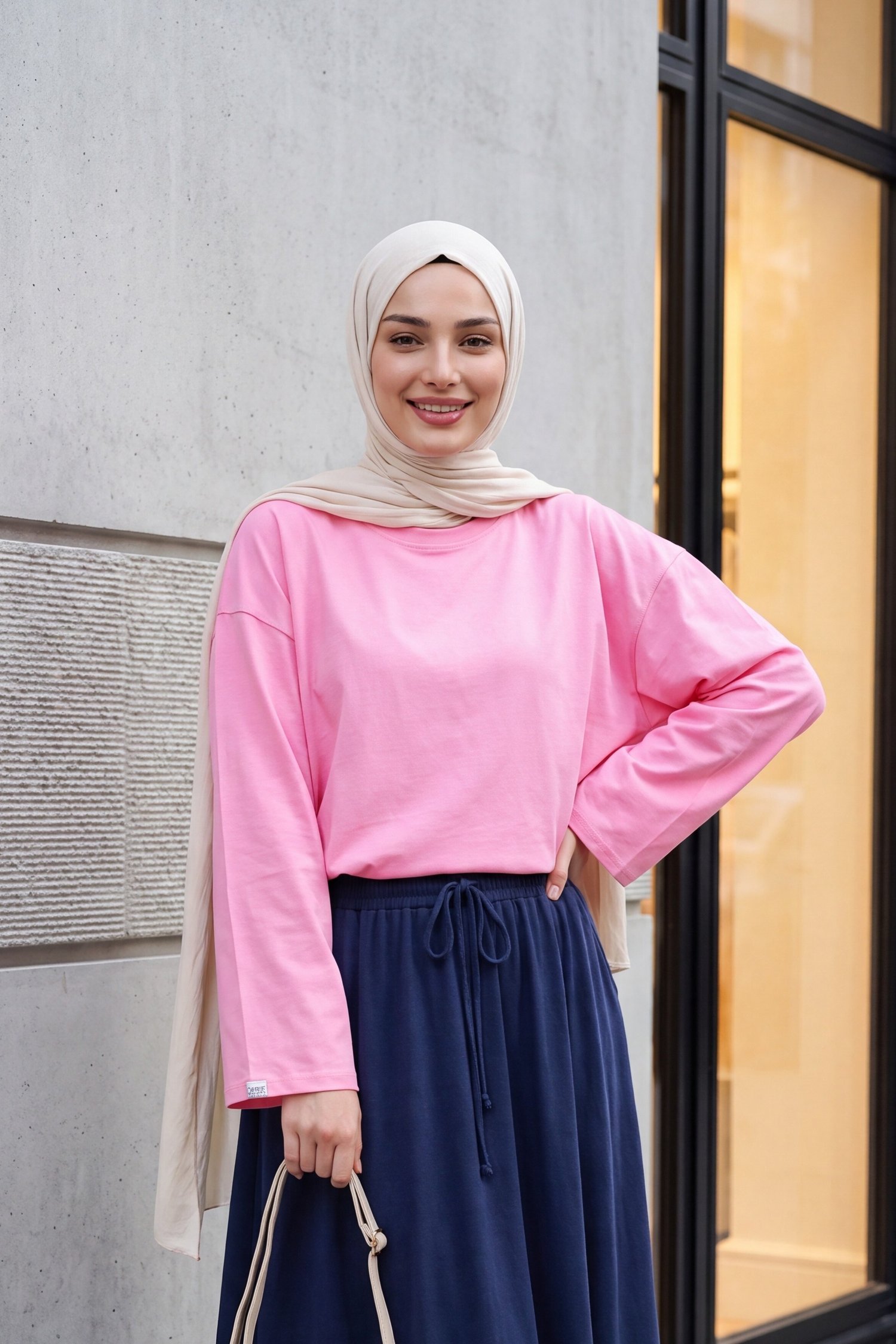 Bisiklet Yaka Uzun Kollu Oversize Penye Sweat  -Pembe
