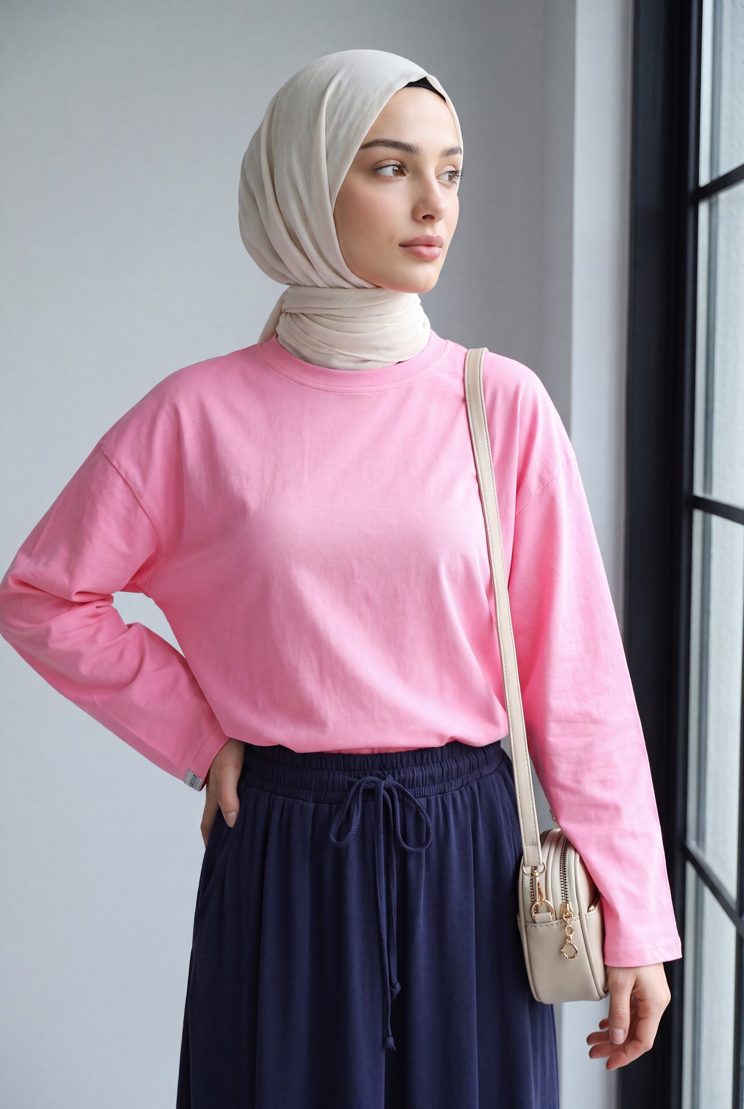 Bisiklet Yaka Uzun Kollu Oversize Penye Sweat  -Pembe