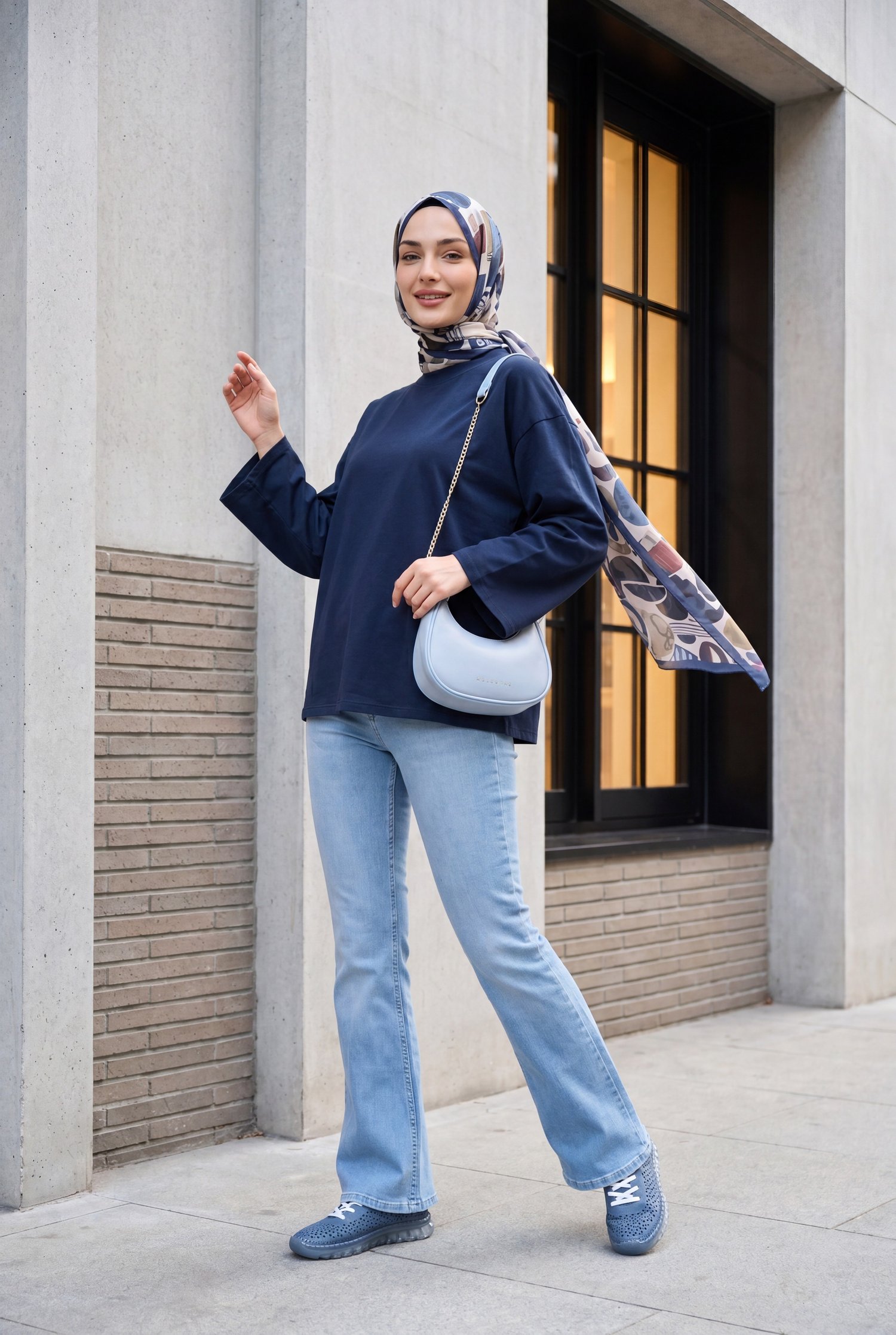 Bisiklet Yaka Uzun Kollu Oversize Penye Sweat -Lacivert