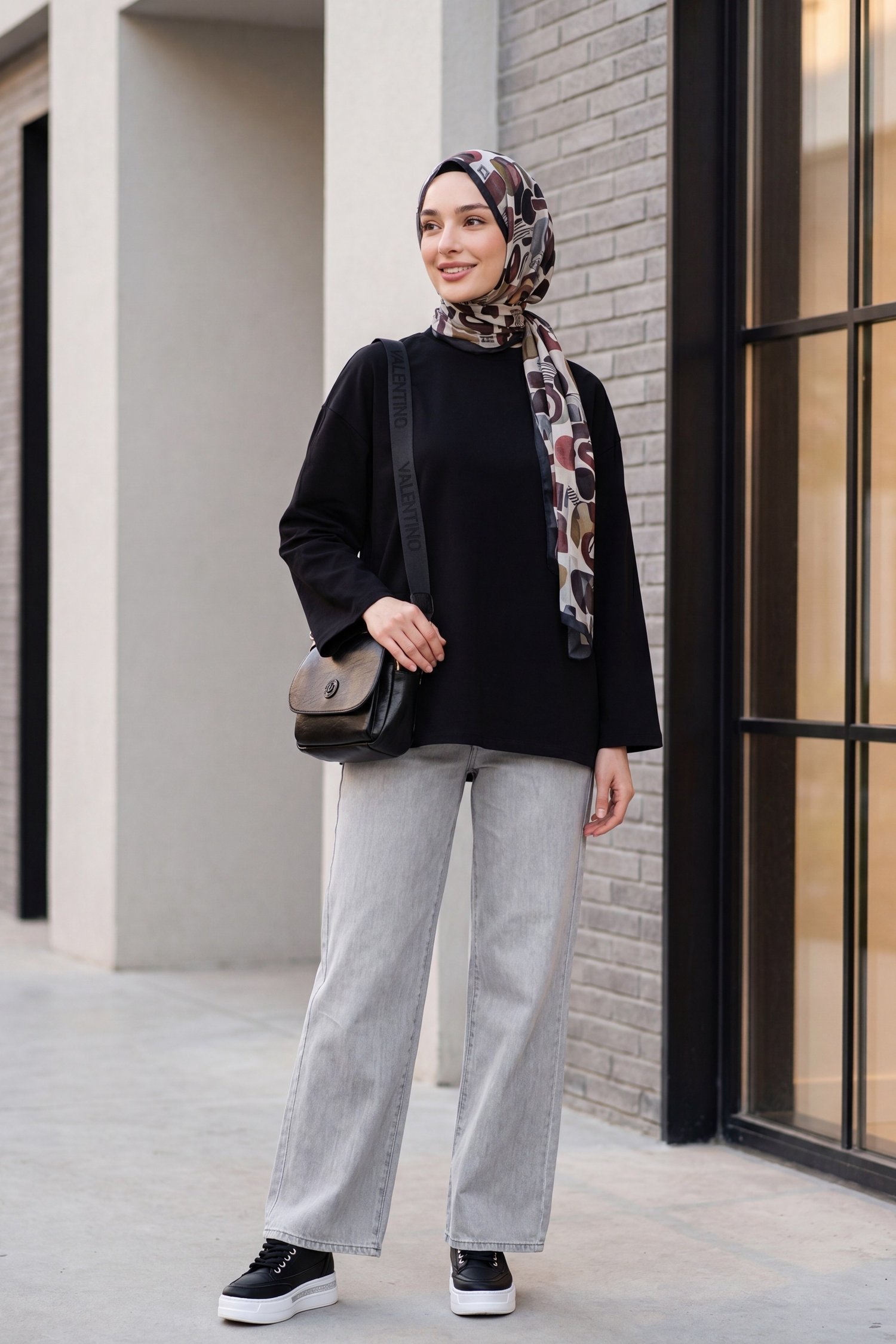Bisiklet Yaka Uzun Kollu Oversize Penye Sweat -Siyah