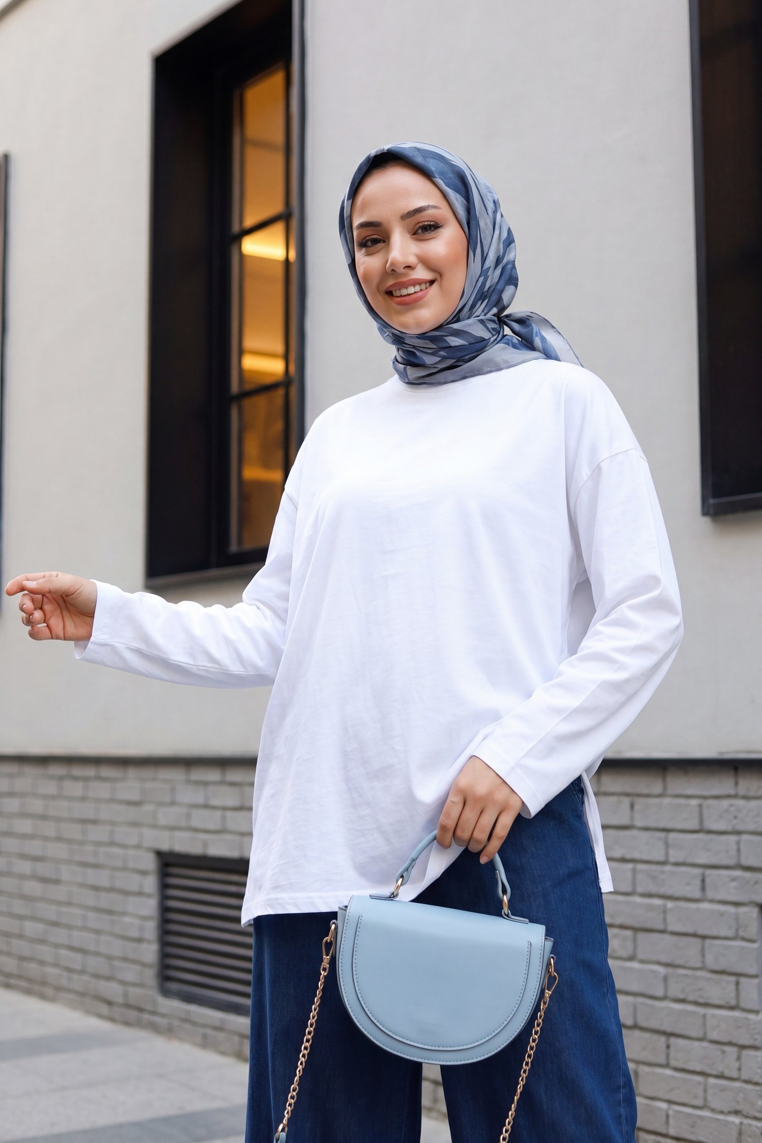 Bisiklet Yaka Uzun Kollu Oversize Penye Sweat -Beyaz