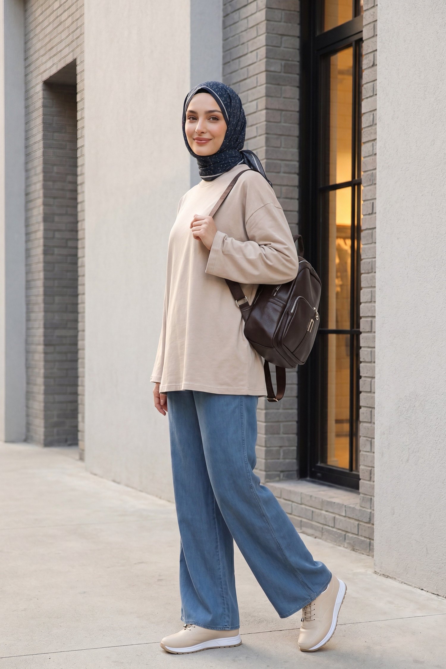 Bisiklet Yaka Uzun Kollu Oversize Penye Sweat -Taş rengi