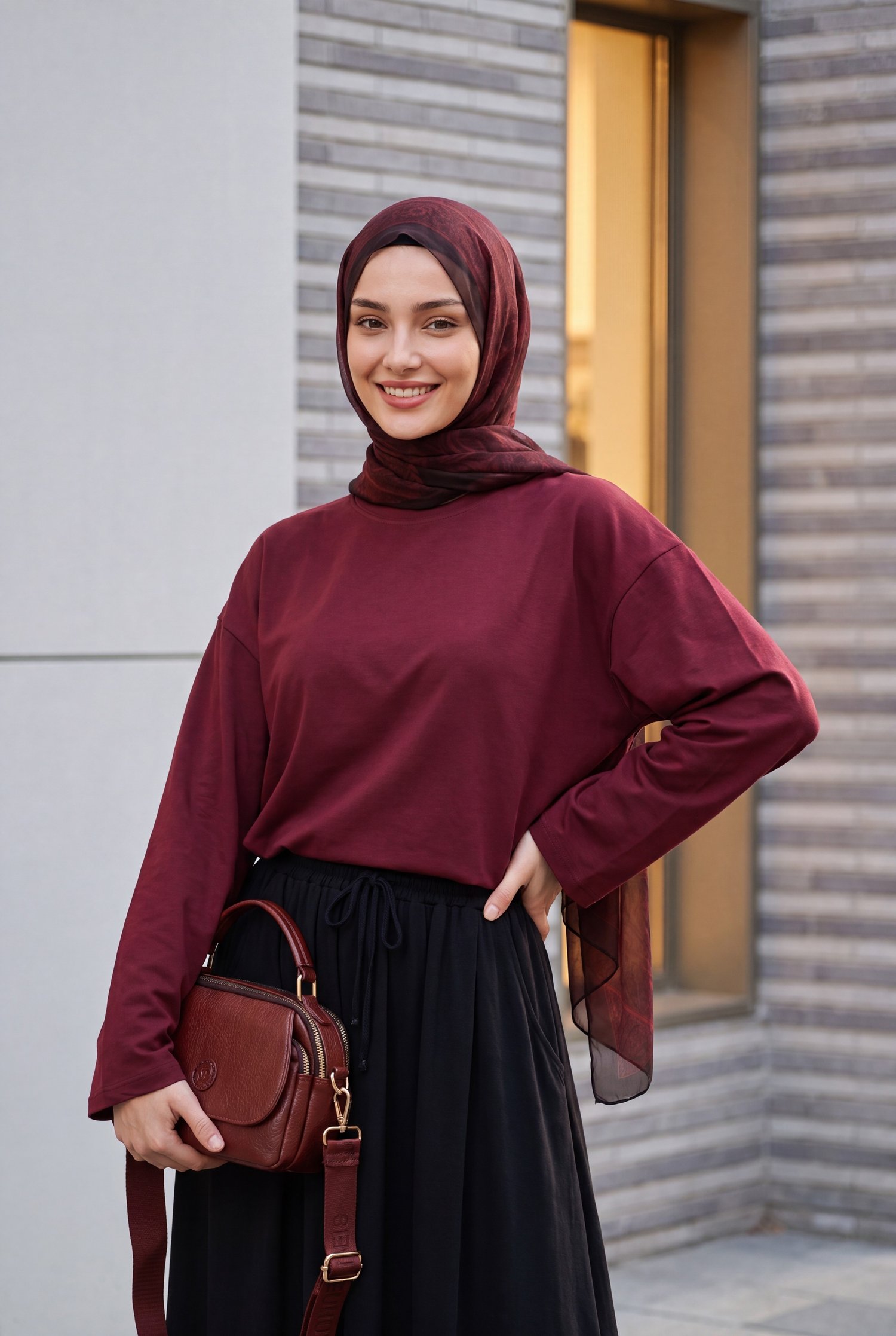 Bisiklet Yaka Uzun Kollu Oversize Penye Sweat  -Bordo
