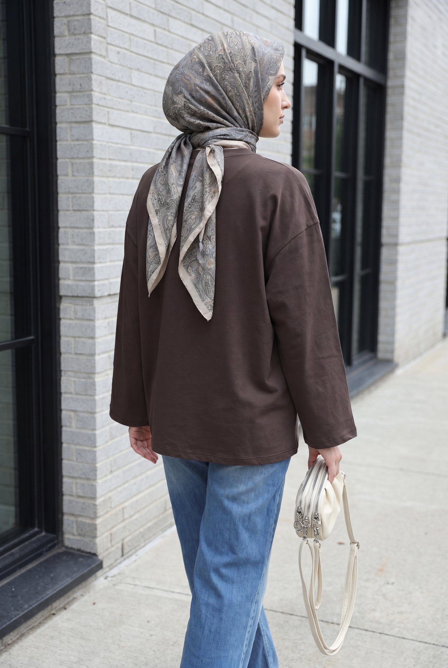 Bisiklet Yaka Uzun Kollu Oversize Penye Sweat -Koyu Kahverengi