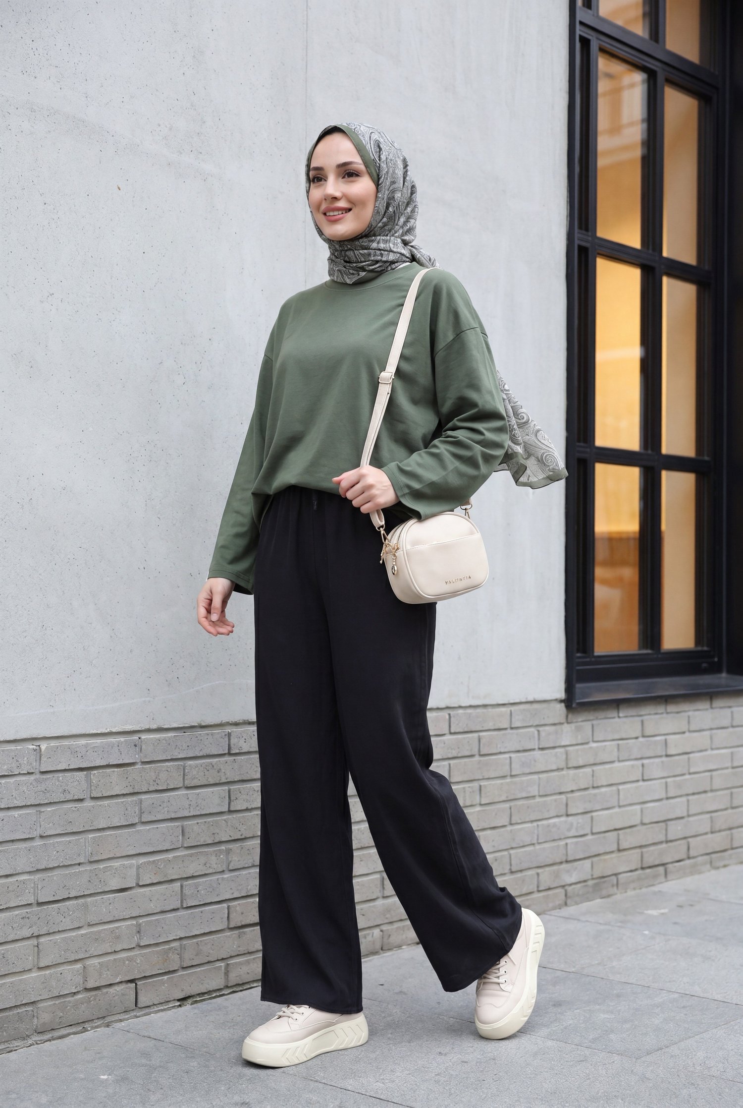Bisiklet Yaka Uzun Kollu Oversize Penye Sweat -Haki