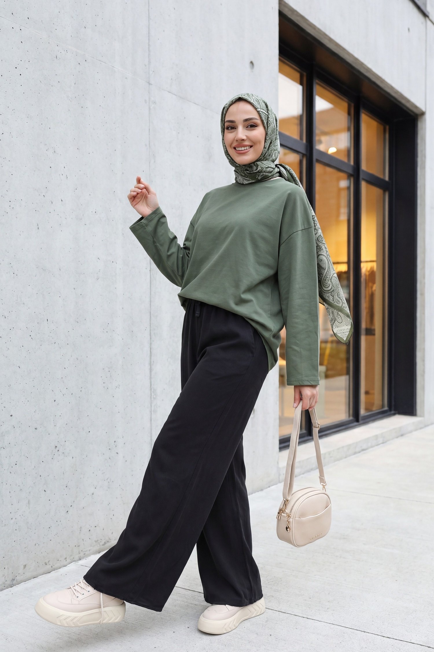 Bisiklet Yaka Uzun Kollu Oversize Penye Sweat -Haki