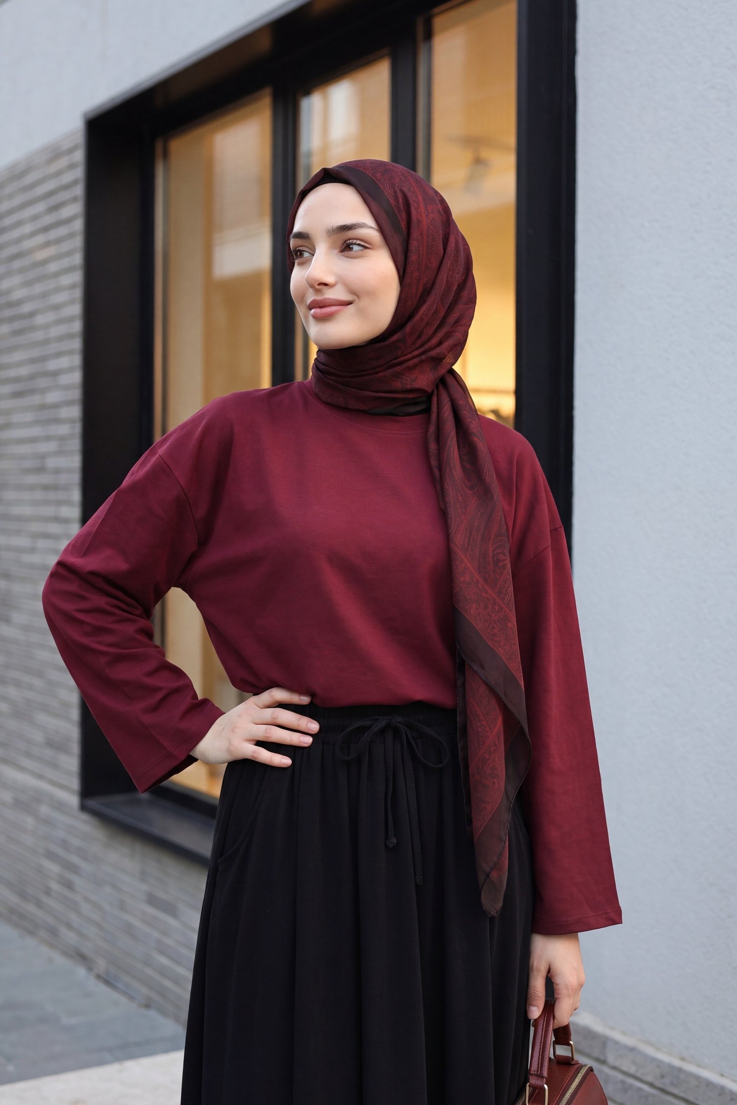 Bisiklet Yaka Uzun Kollu Oversize Penye Sweat  -Bordo