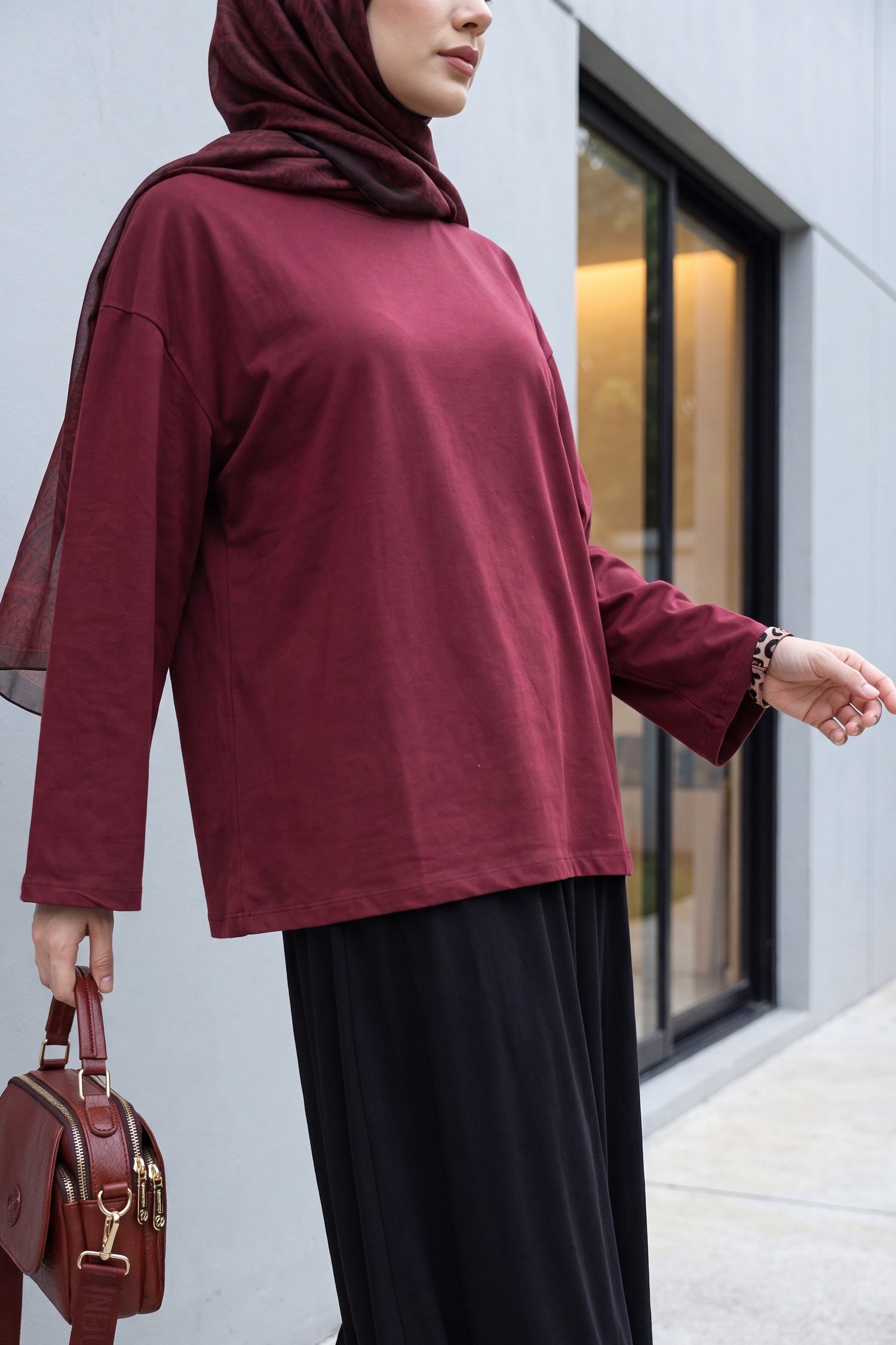 Bisiklet Yaka Uzun Kollu Oversize Penye Sweat  -Bordo
