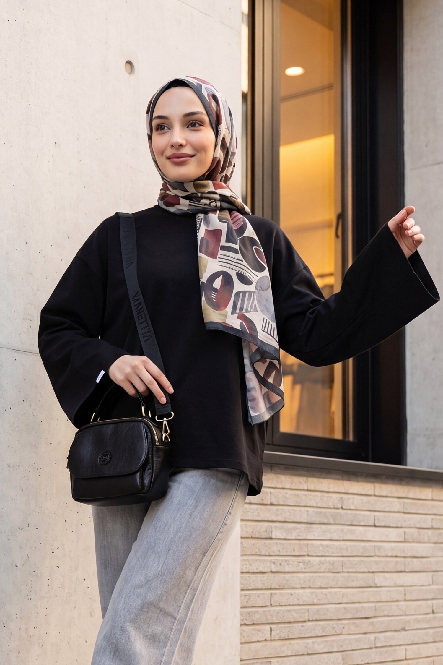 Bisiklet Yaka Uzun Kollu Oversize Penye Sweat -Siyah