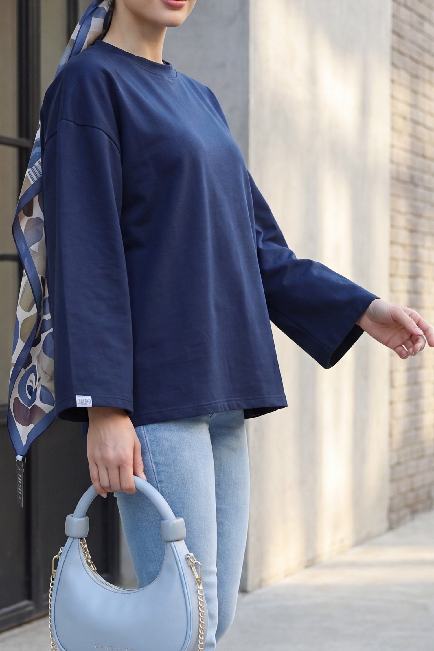 Bisiklet Yaka Uzun Kollu Oversize Penye Sweat -Lacivert