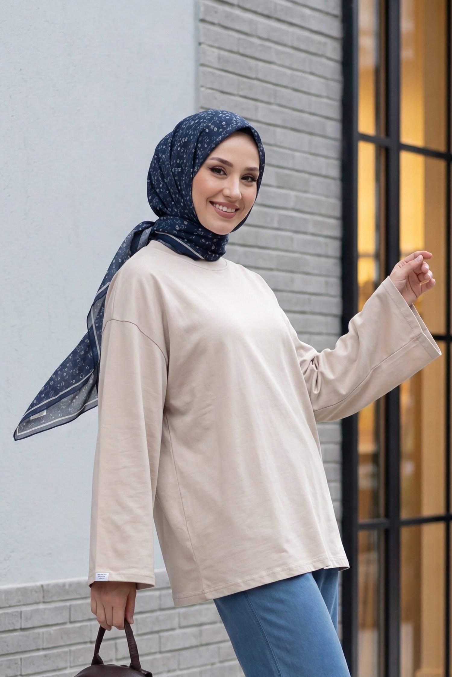 Bisiklet Yaka Uzun Kollu Oversize Penye Sweat -Taş rengi