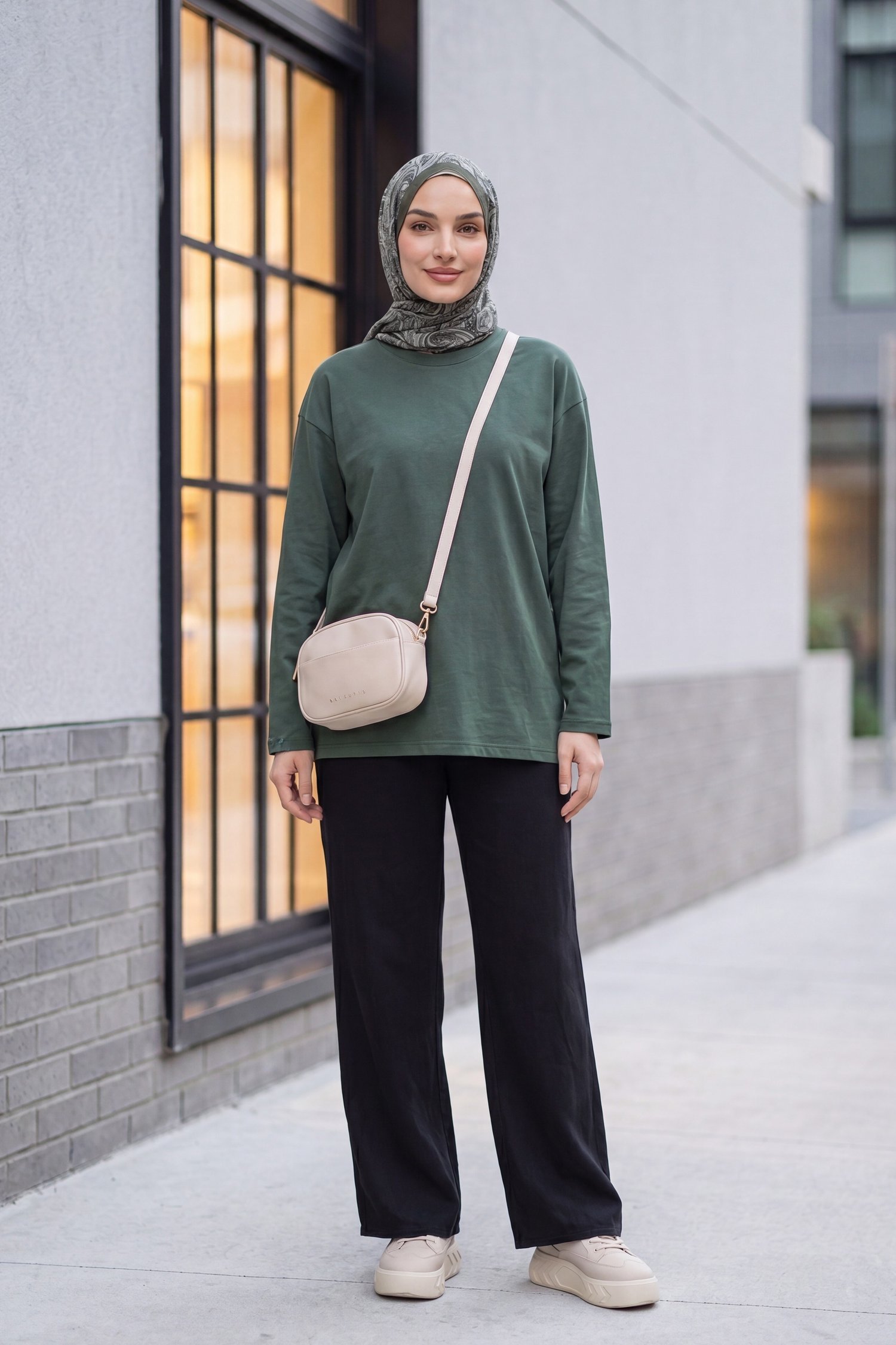 Bisiklet Yaka Uzun Kollu Oversize Penye Sweat -Haki