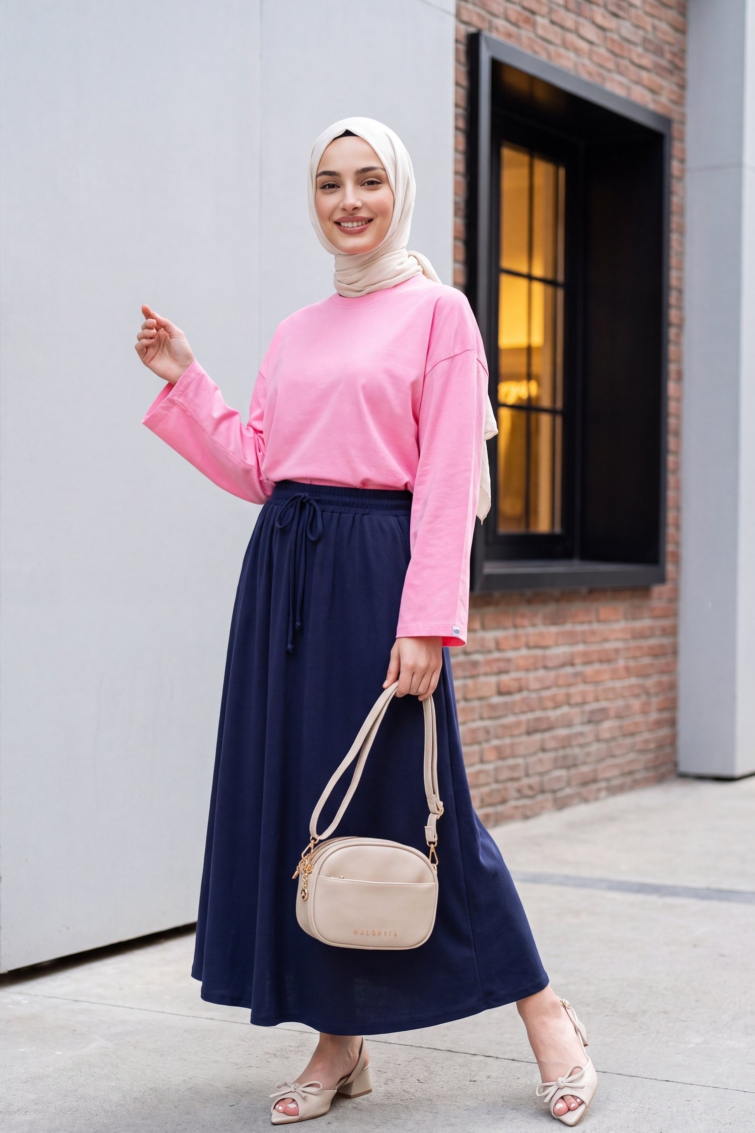Bisiklet Yaka Uzun Kollu Oversize Penye Sweat  -Pembe