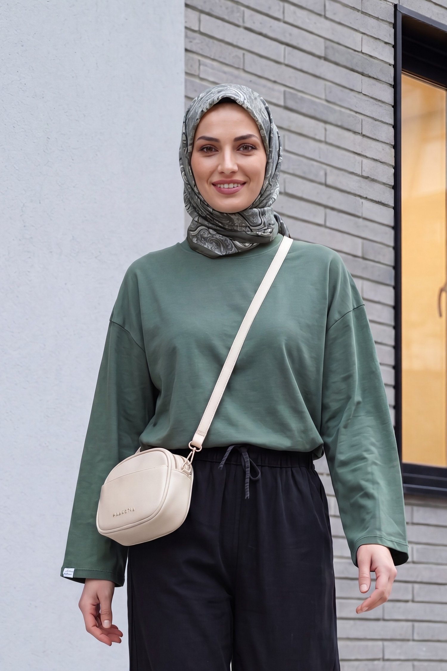 Bisiklet Yaka Uzun Kollu Oversize Penye Sweat -Haki
