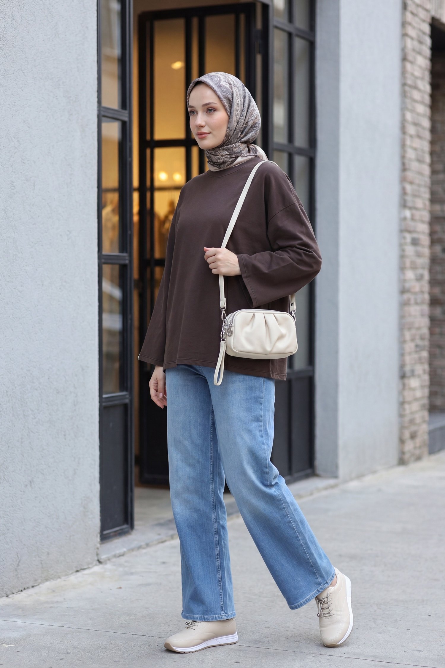 Bisiklet Yaka Uzun Kollu Oversize Penye Sweat -Koyu Kahverengi