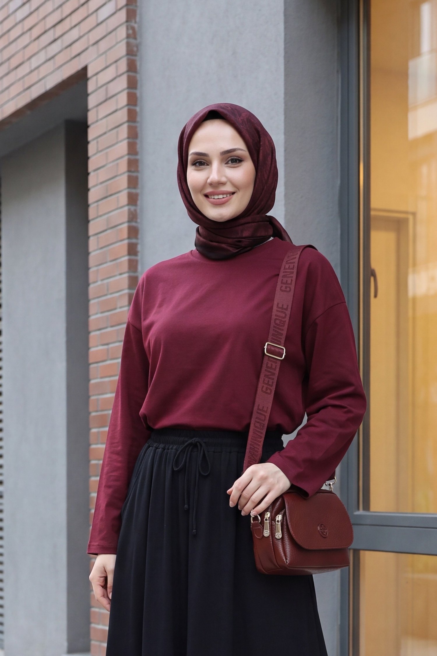 Bisiklet Yaka Uzun Kollu Oversize Penye Sweat  -Bordo