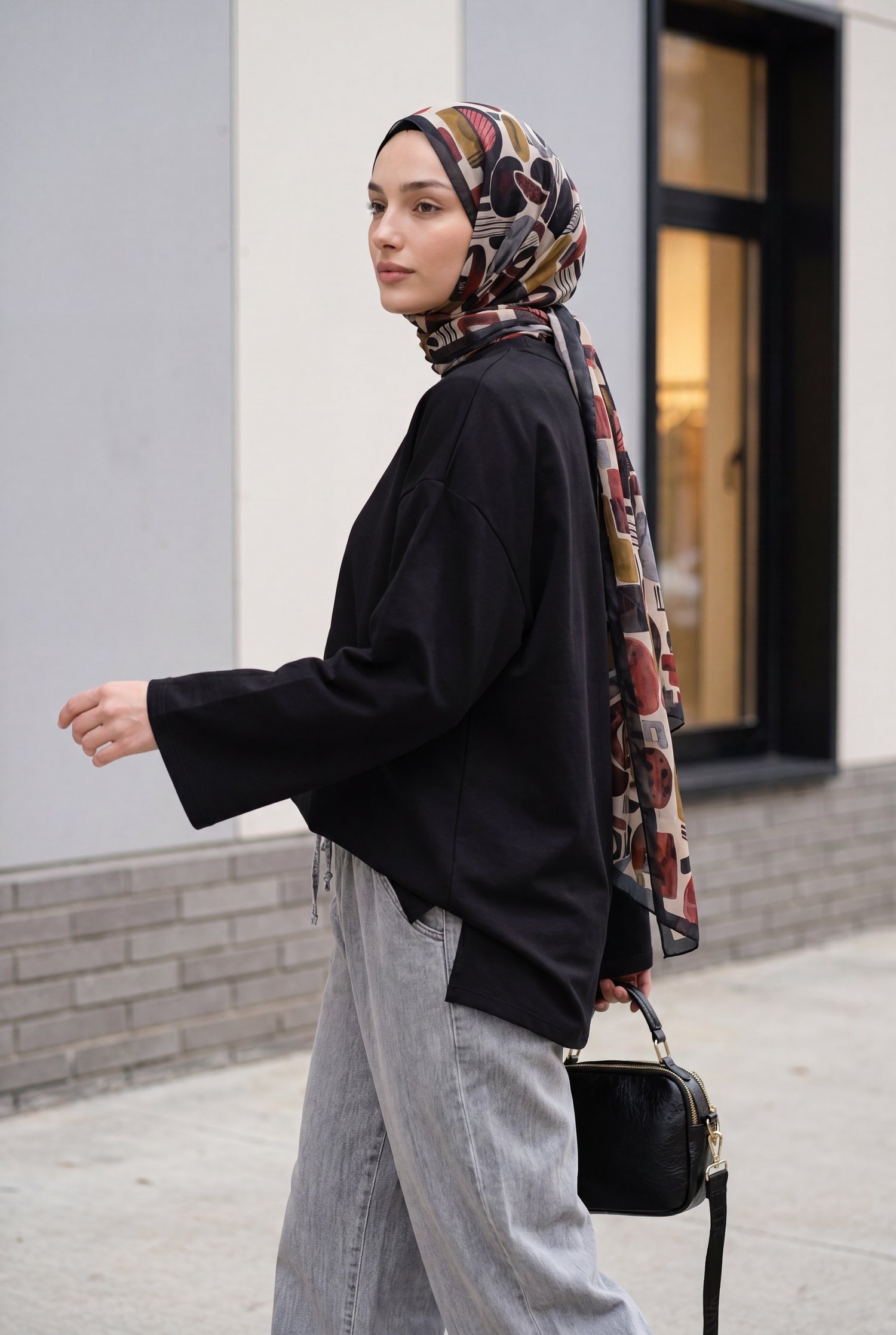 Bisiklet Yaka Uzun Kollu Oversize Penye Sweat -Siyah