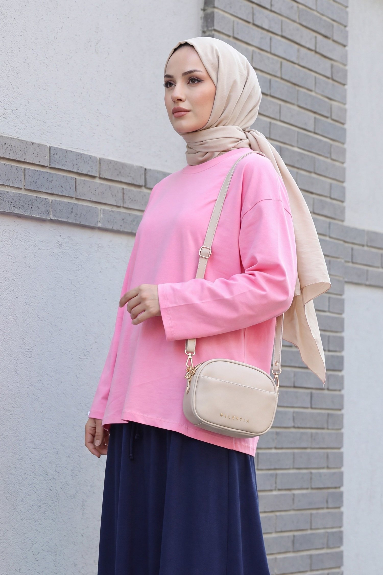 Bisiklet Yaka Uzun Kollu Oversize Penye Sweat  -Pembe