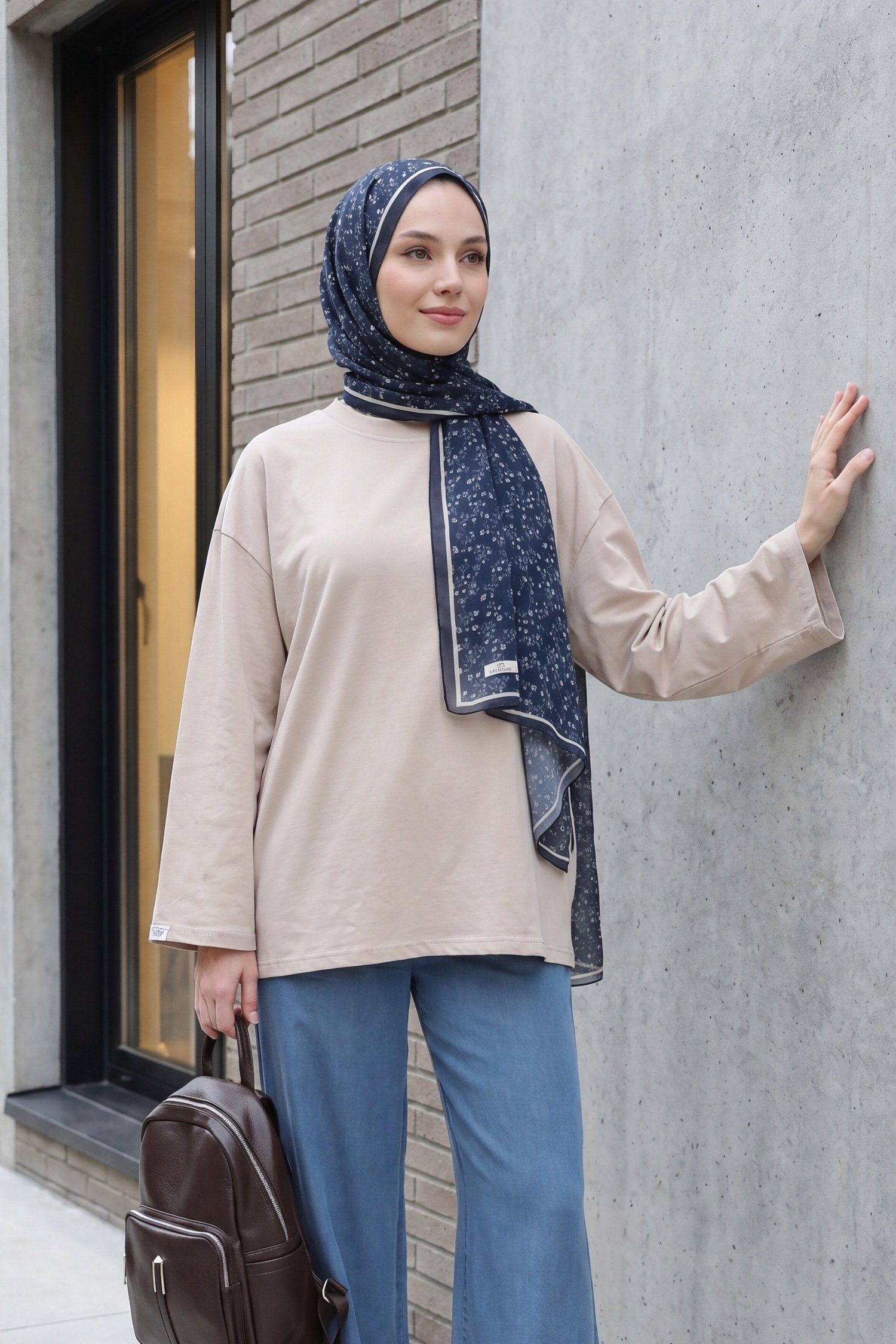 Bisiklet Yaka Uzun Kollu Oversize Penye Sweat -Taş rengi